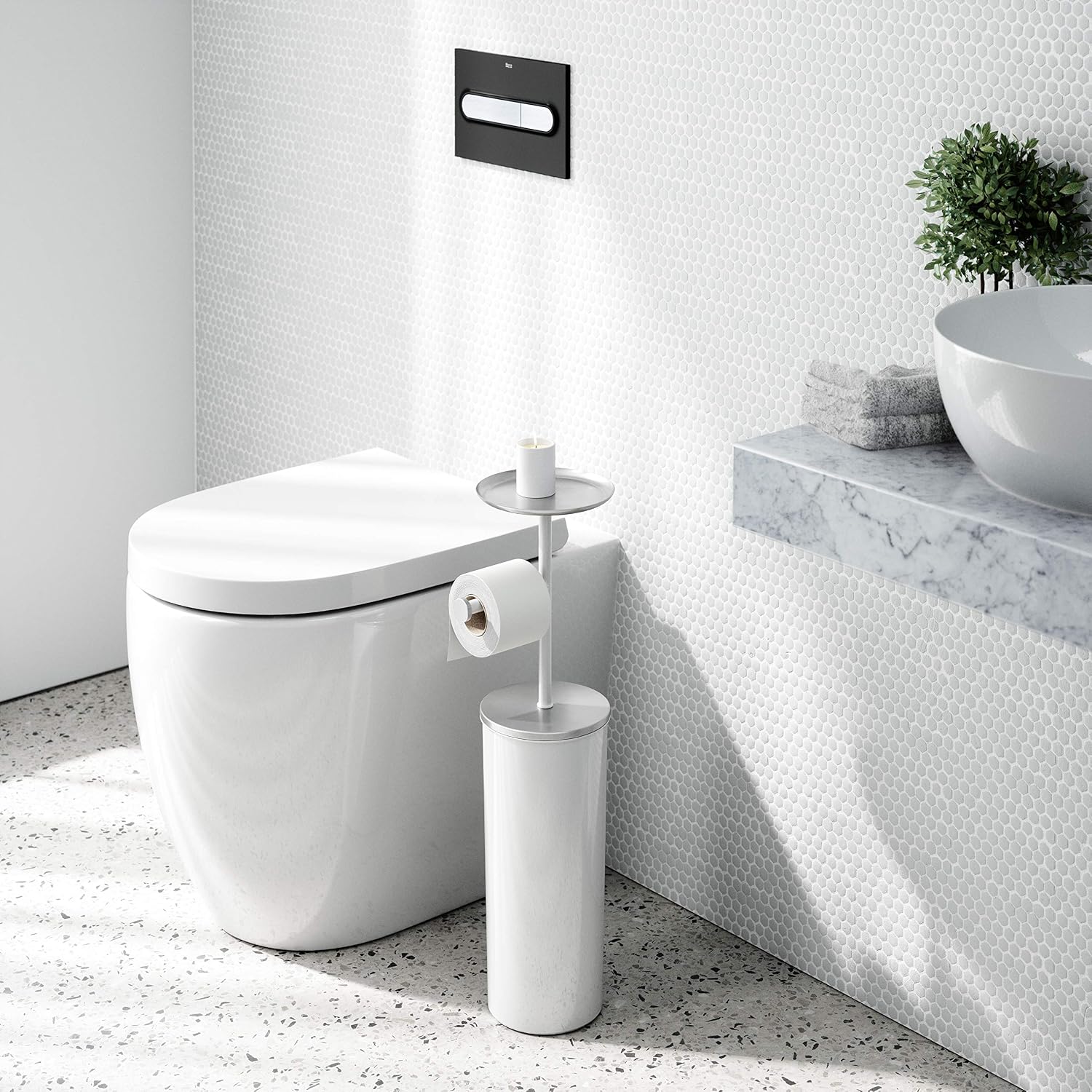 Umbra Portaloo Toilet Paper Stand, Freestanding with Storage, White/Nickel | Steel construction, built-in tray, holds