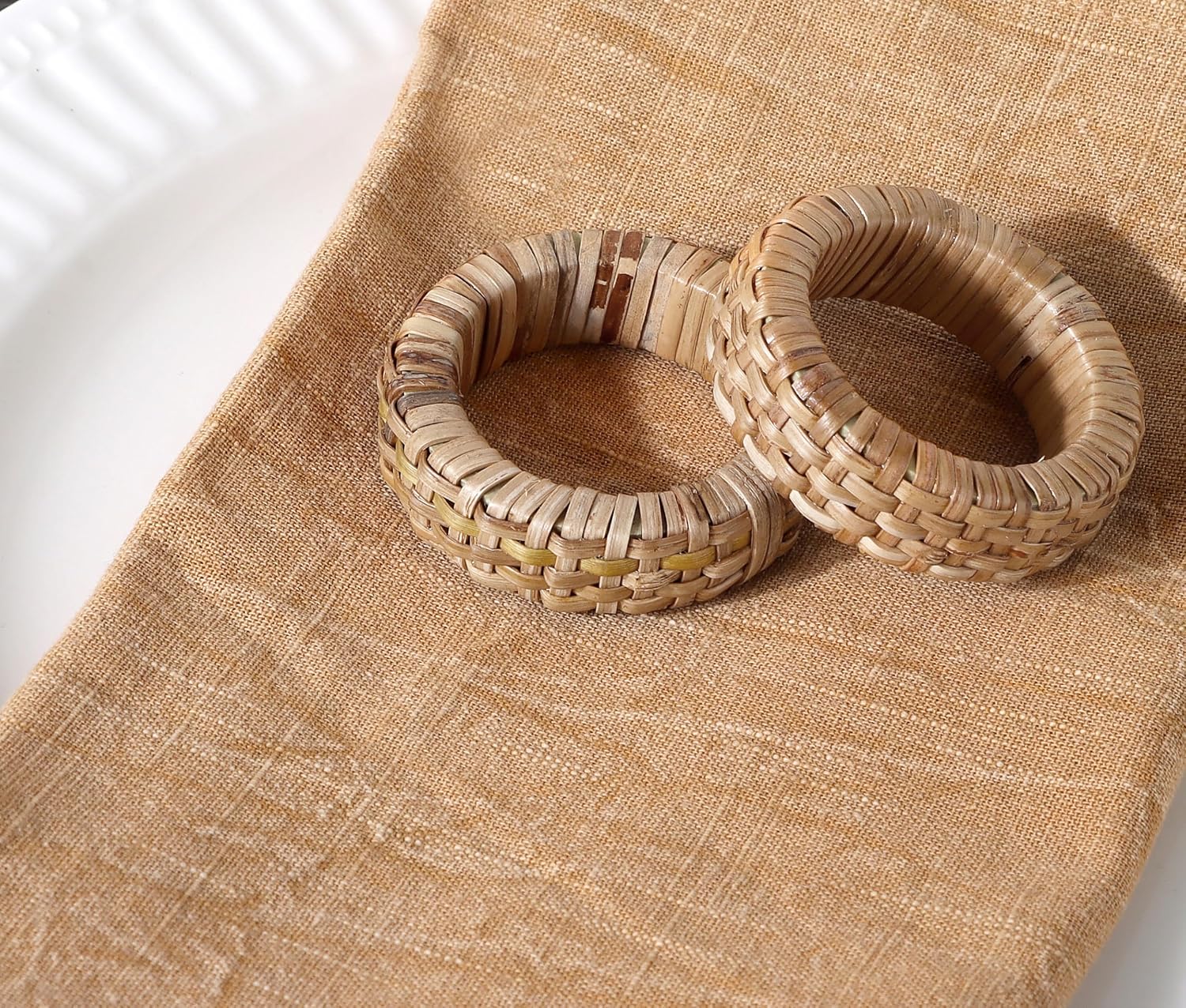 Jute Rattan Napkin Rings, Set of 12, Farmhouse Natural | 2.25x2.25x0.5 in each, plastic & natural cane blend