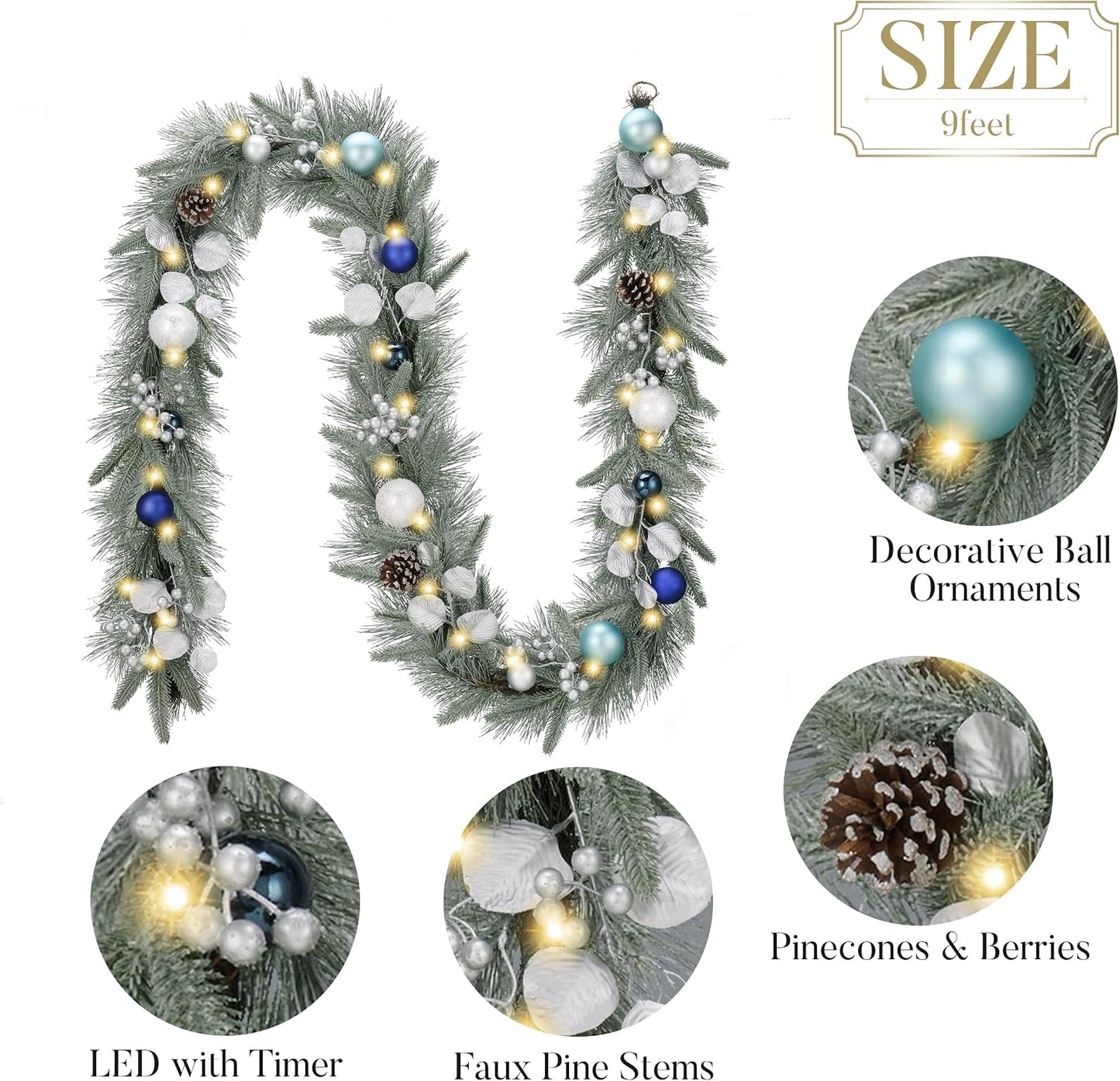 Valery Madelyn 9 Ft Pre-Lit Christmas Garland with Lights for Mantle, Lighted Outdoor Xmas Garland with Silvery Blue