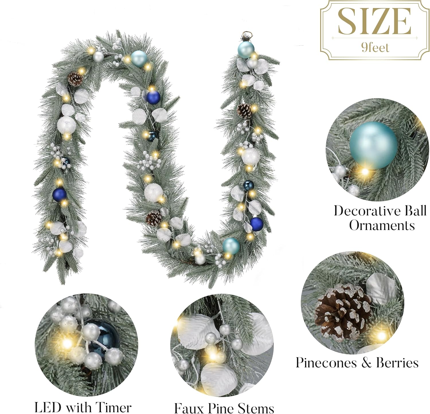 Valery Madelyn 9 Ft Pre-Lit Christmas Garland with Lights for Mantle, Lighted Outdoor Xmas Garland with Silvery Blue