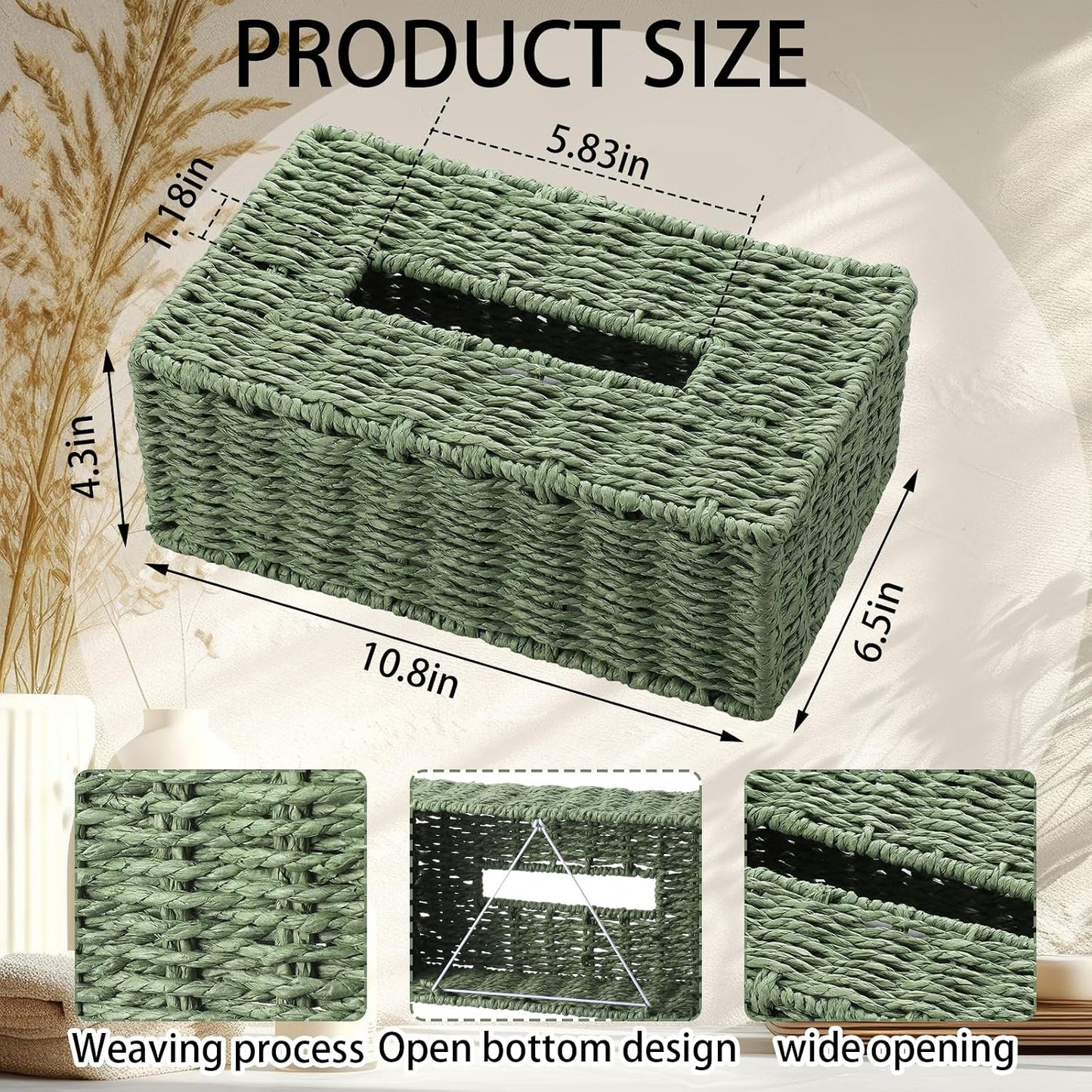Tissue Box Cover Natural Paper Rope Hand Tissue Box Holder / Sage Green / Woven / Rectangle
