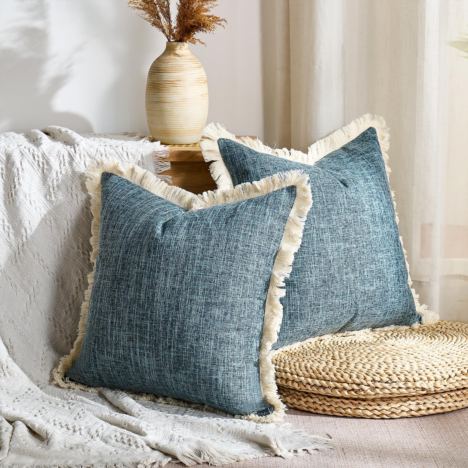 Faux Linen Decorative Pillow Coves Boho Farmhouse Throw Pillowcases / Blue / 18 x 18 / Set of 2