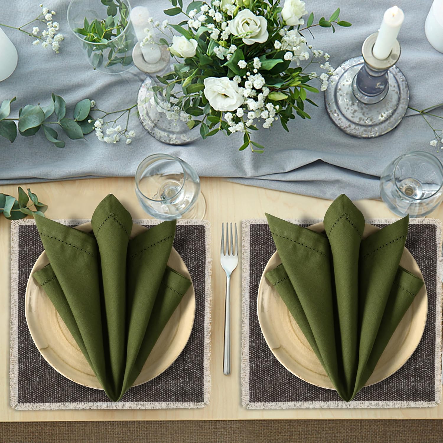 Ramanta Home Olive Green Cloth Dinner Napkin Set of 12-18x18 Inches | Cotton Linen Flax Hemstitched Napkins Washable
