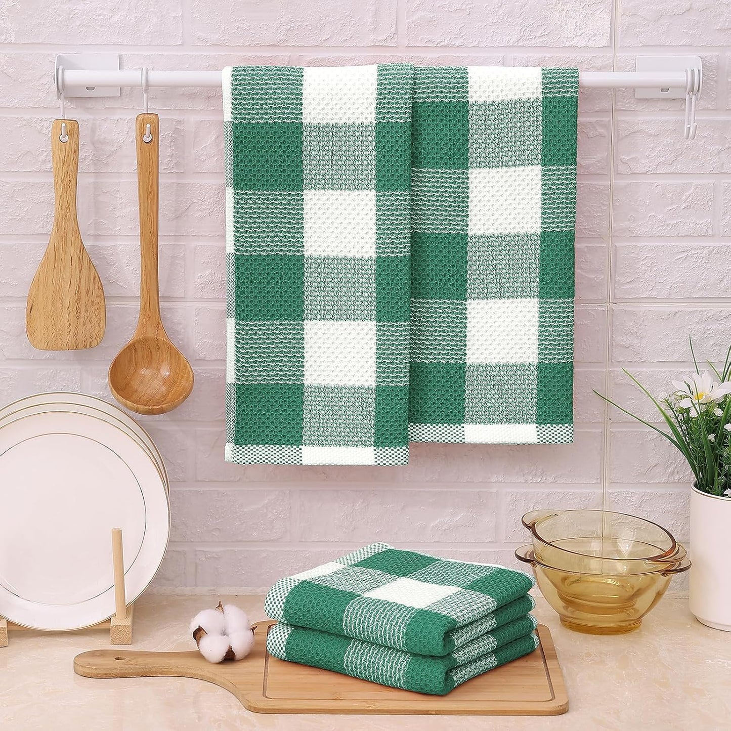Mordimy 8 Pack Kitchen Towels and Dishcloths Set, Dark Green & White | 28 X 13 Inch and 12 X 12 Inch, Super Soft