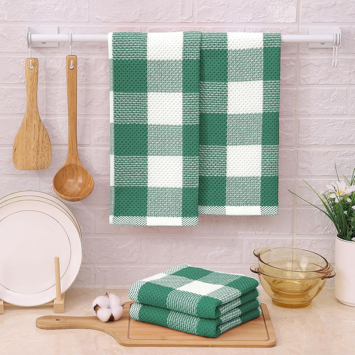 Mordimy 8 Pack Kitchen Towels and Dishcloths Set, Dark Green & White | 28 X 13 Inch and 12 X 12 Inch, Super Soft