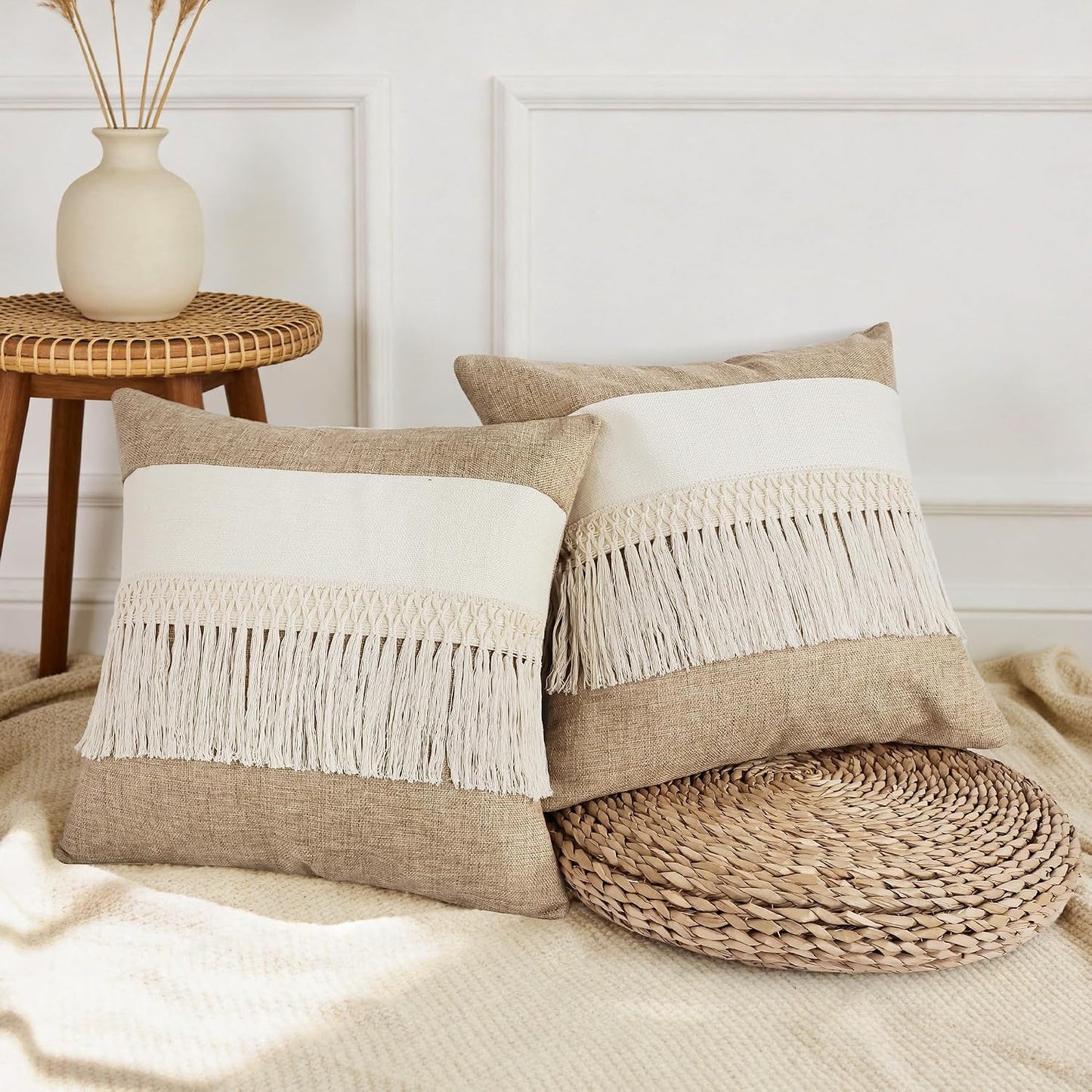 Boho Pillow Covers / Boho Long Fringe-khaki / 18 x 18 / Set of 2
