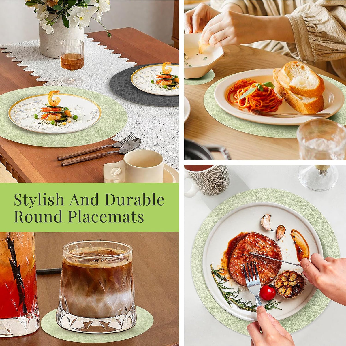 Fyvva Placemats Set of 12, 13" Round Reversible Faux Leather with Coasters | Wipeable & Waterproof Table Mats