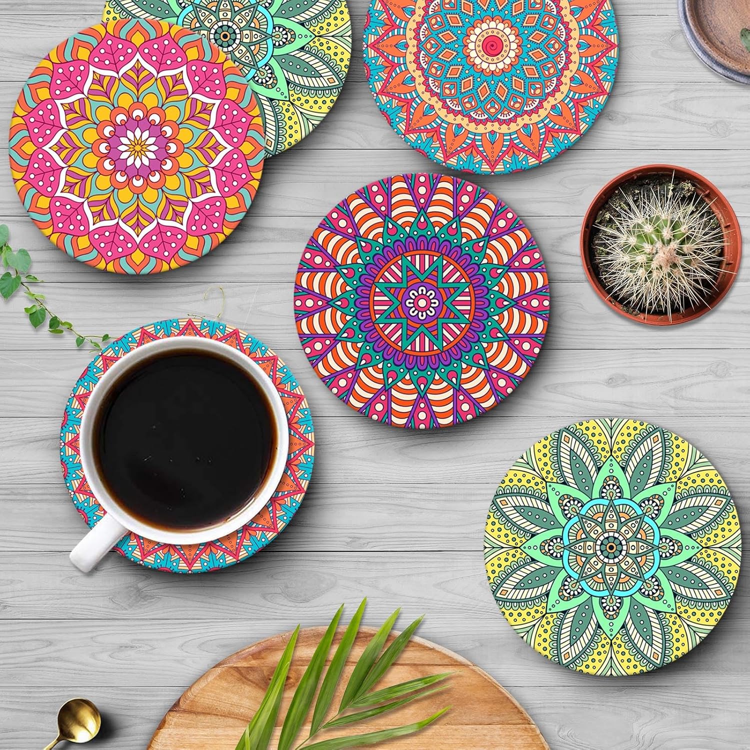 Moroccan Mandala Colorful Green Absorbent Round Ceramic Stone Mat / Bohemian / Pink / Set of 6