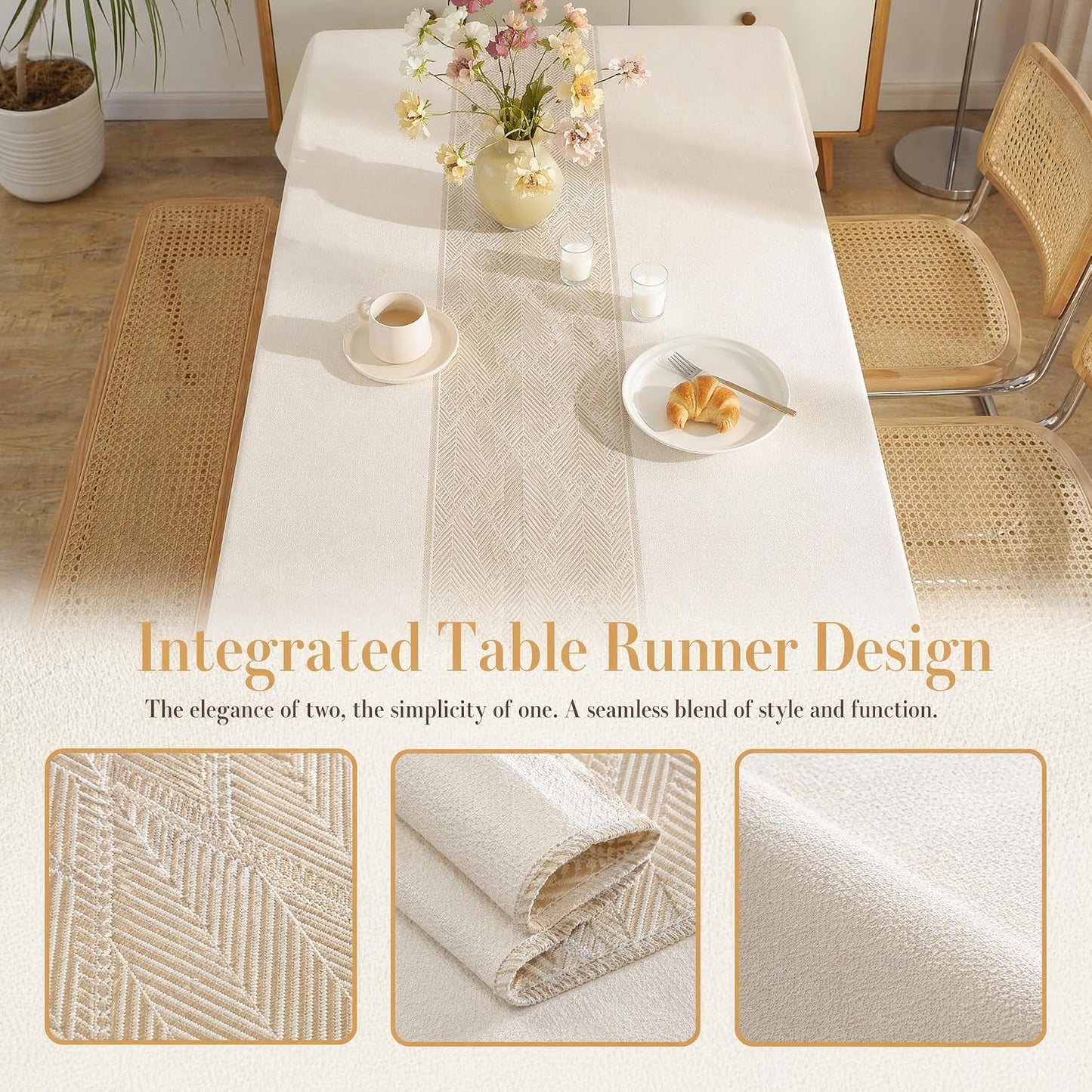 Nordic Faux Linen Tablecloth, Rectangle Modern Cream Beige Cover | Stain Resistant & Spillproof Minimalist Solid Table