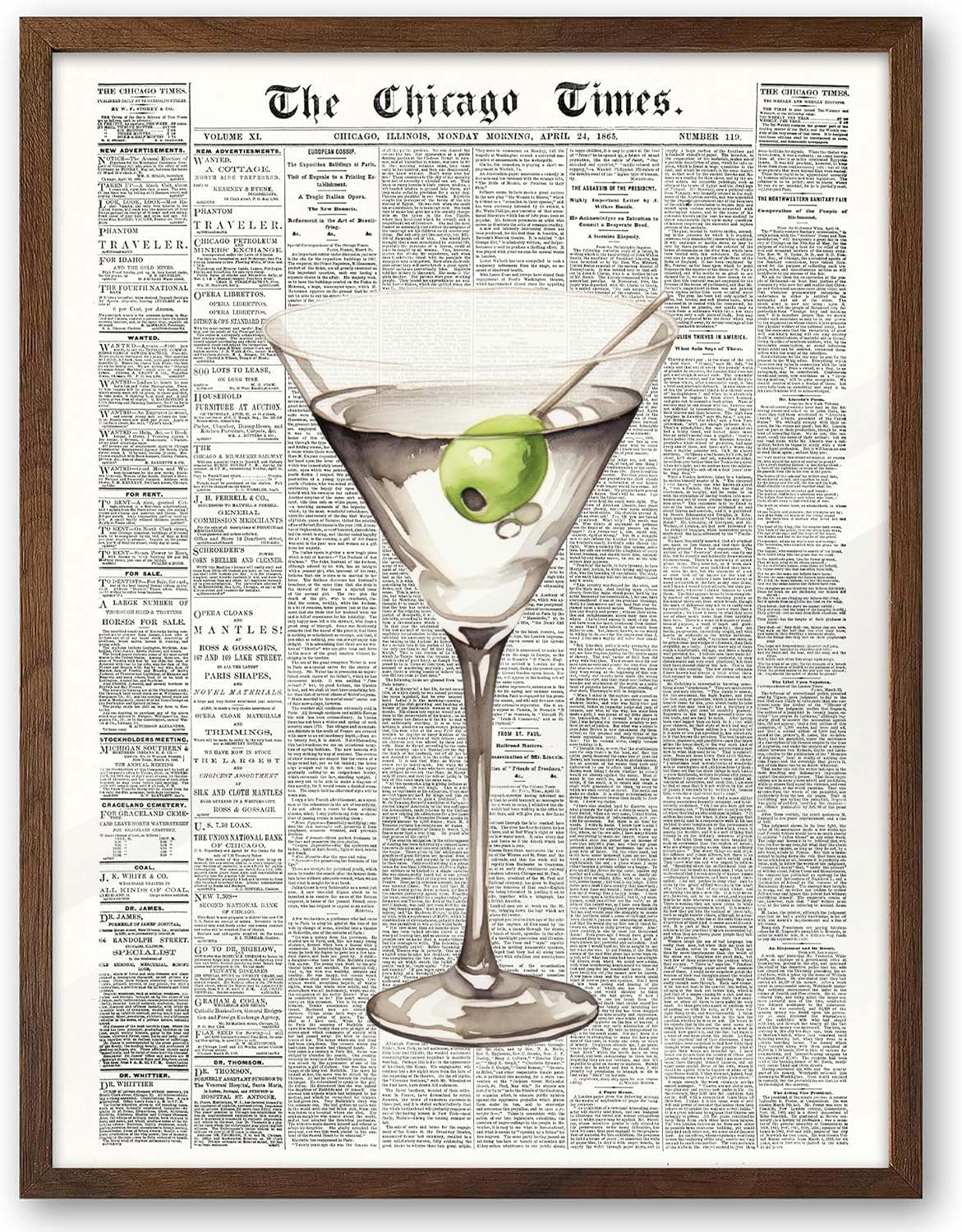EcoHest 12x16 in Martini Newspaper Framed Wall Art for Bar Cart