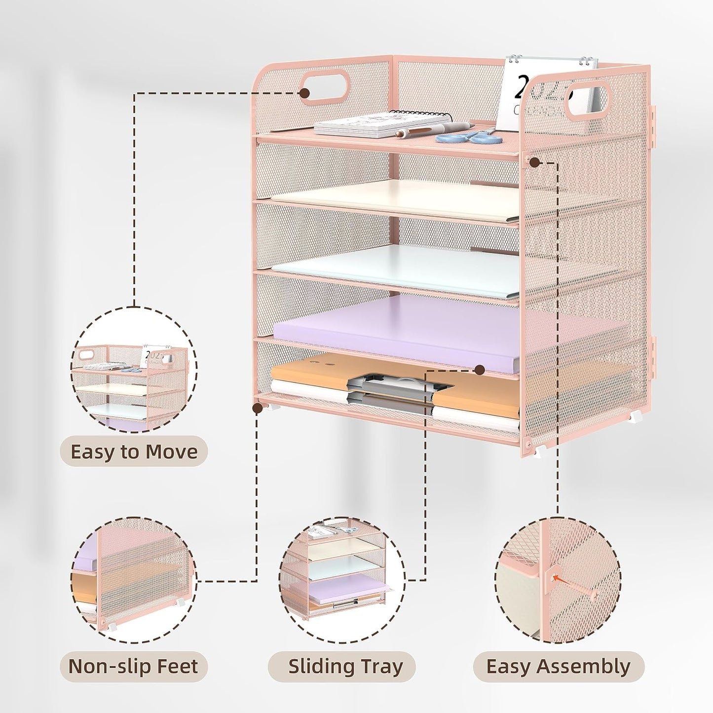 2 Pack 5-Tier Pink Desk Organizer with Handle Mesh Desk File/Paper Organizer Letter Tray for Office, School, Classroom