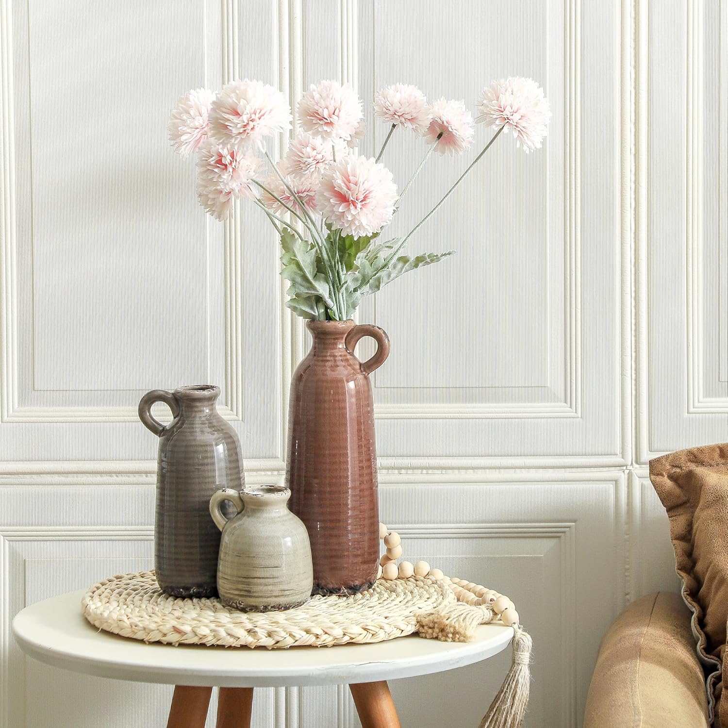 Ceramic Vases / Neutral Rustic Farmhouse Vase / 010 Vase Set with Handle - Brown / Set of 3