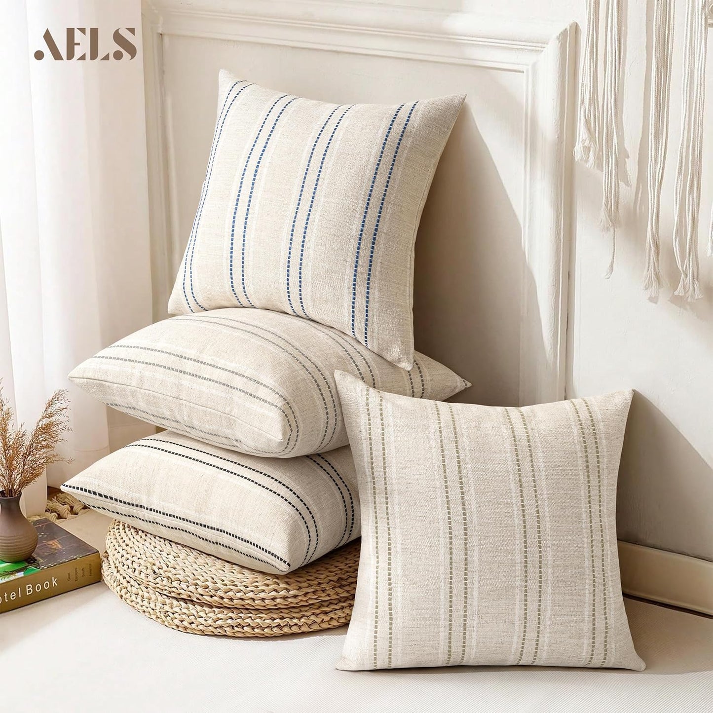 Boho Textured Pillow Case / Beige with White & Brown / 18 x 18 / Set of 2