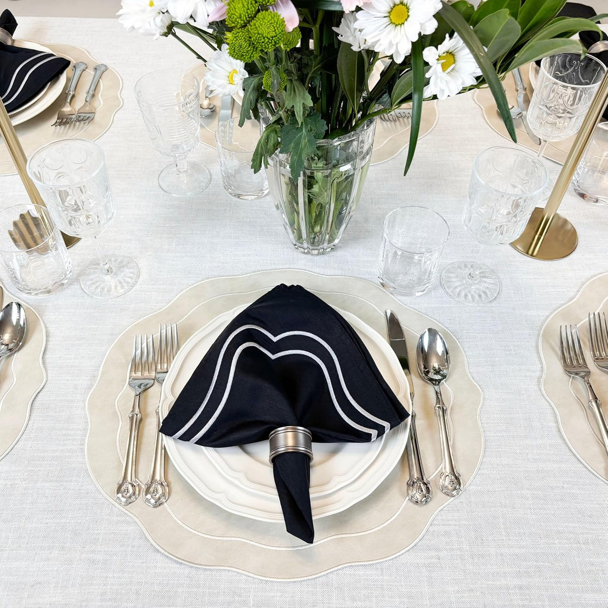 Embroidered Scalloped Faux Leather Wipeable Placemats Set of 4, Ivory | Bryonia PU Earth Tone Soft Luxury Dinner Table