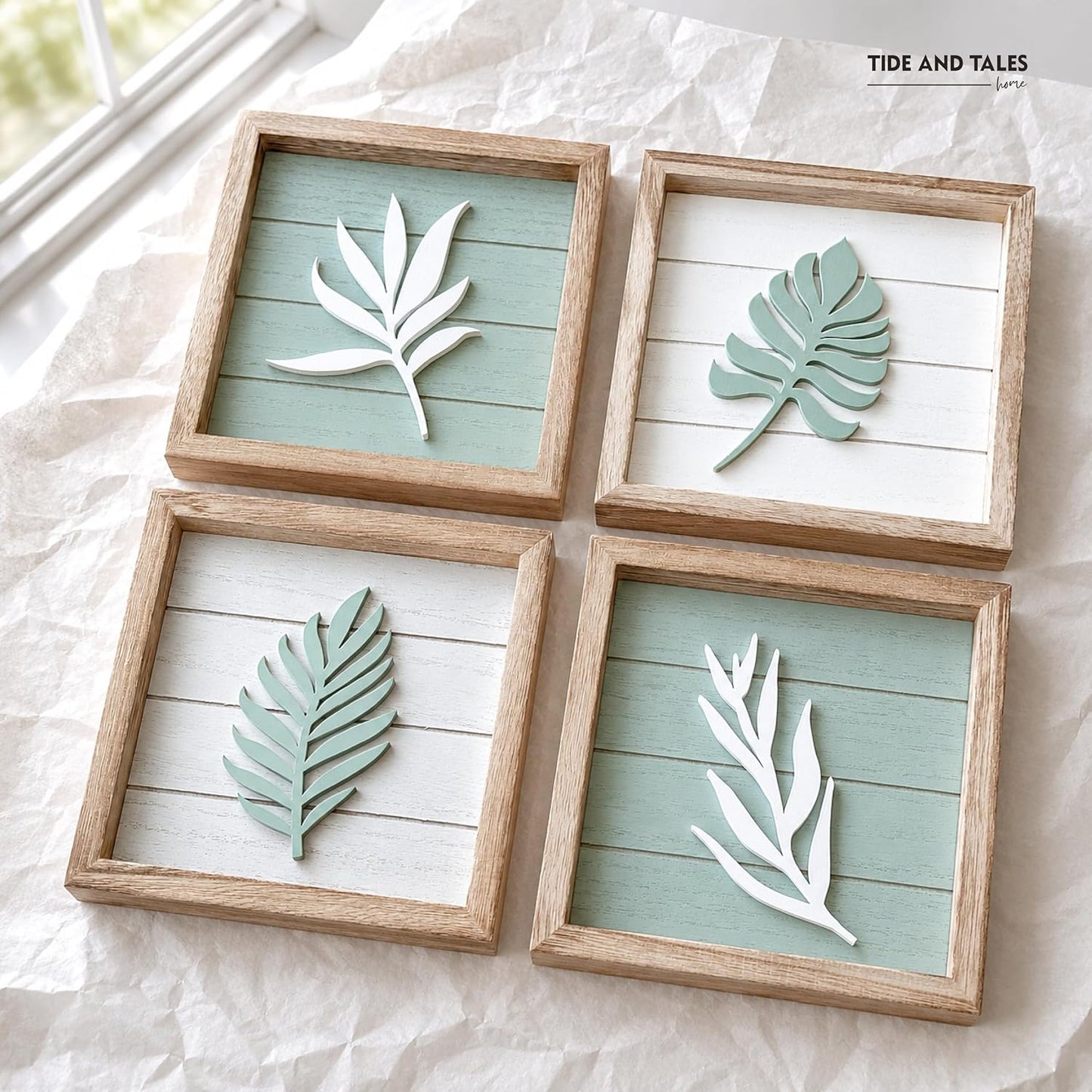 Textured Boho Botanical Bathroom Art Wall / Sage Green / Framed / 7 x 7 / Set of 4