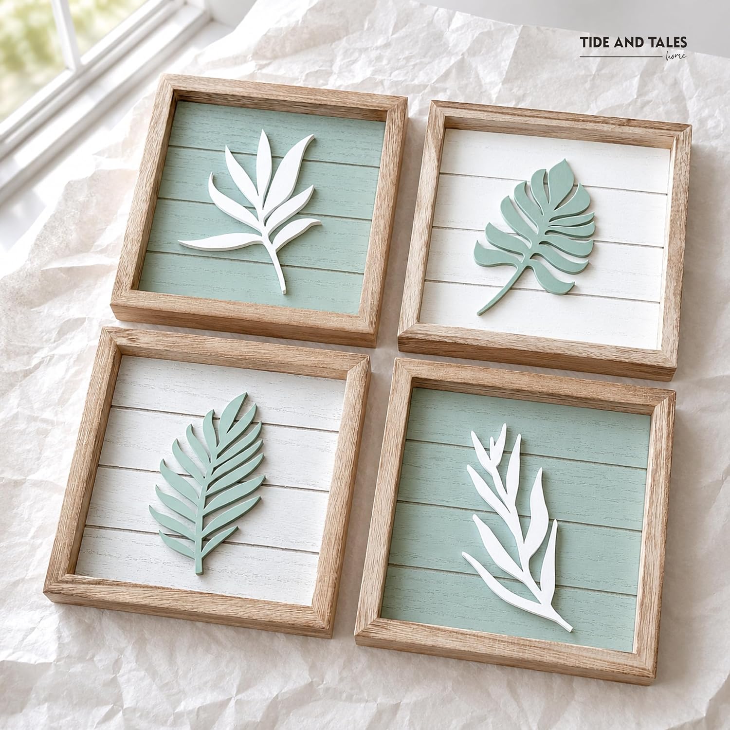 Textured Boho Botanical Bathroom Art Wall / Sage Green / Framed / 7 x 7 / Set of 4