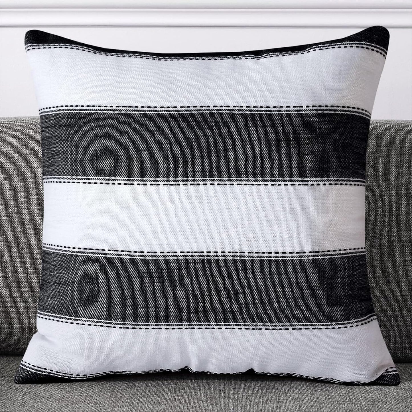 Farmhouse Stripe Check Throw Pillow Covers Set Case Cotton Linen / 18 x 18 / Black / Set of 2