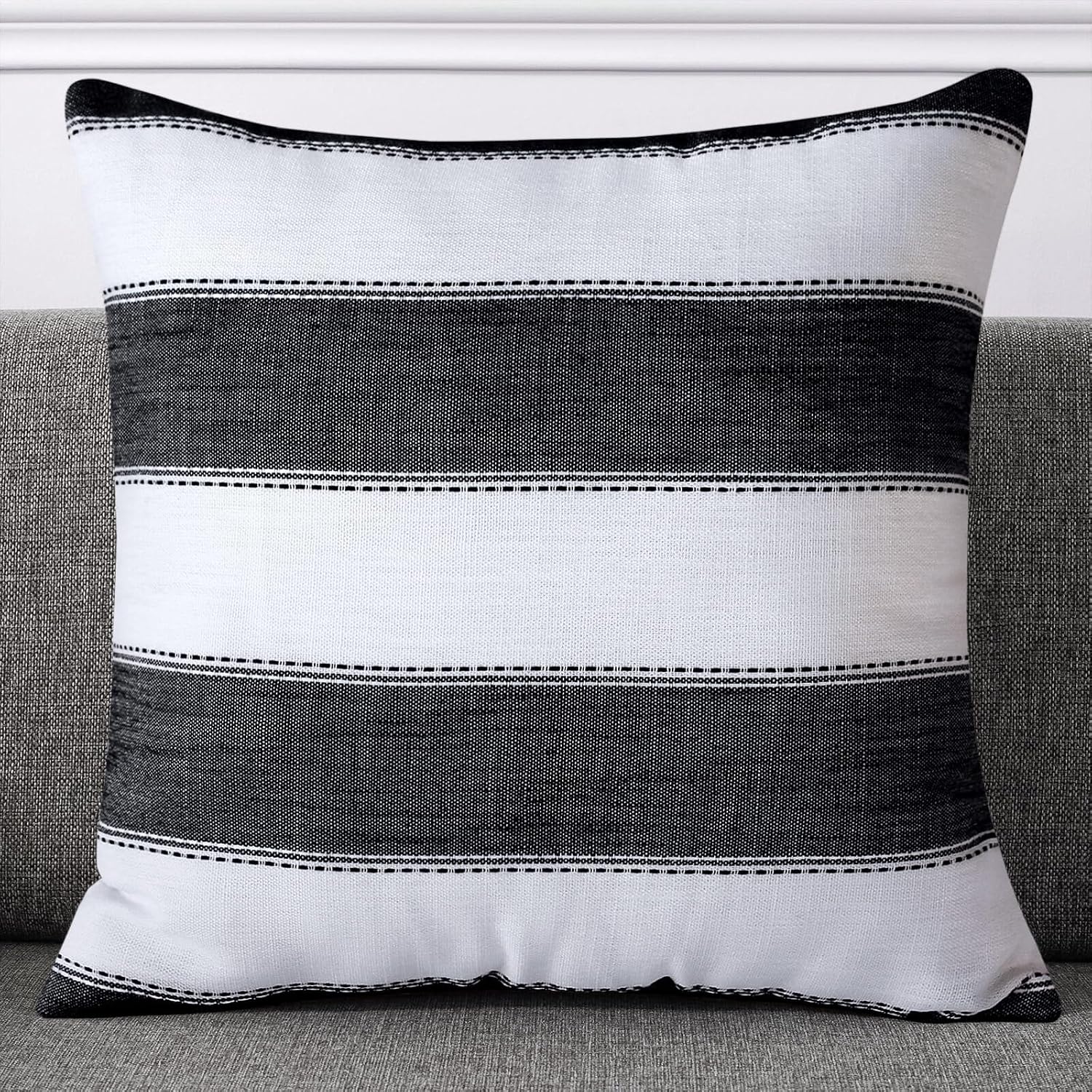 Farmhouse Stripe Check Throw Pillow Covers Set Case Cotton Linen / 18 x 18 / Black / Set of 2