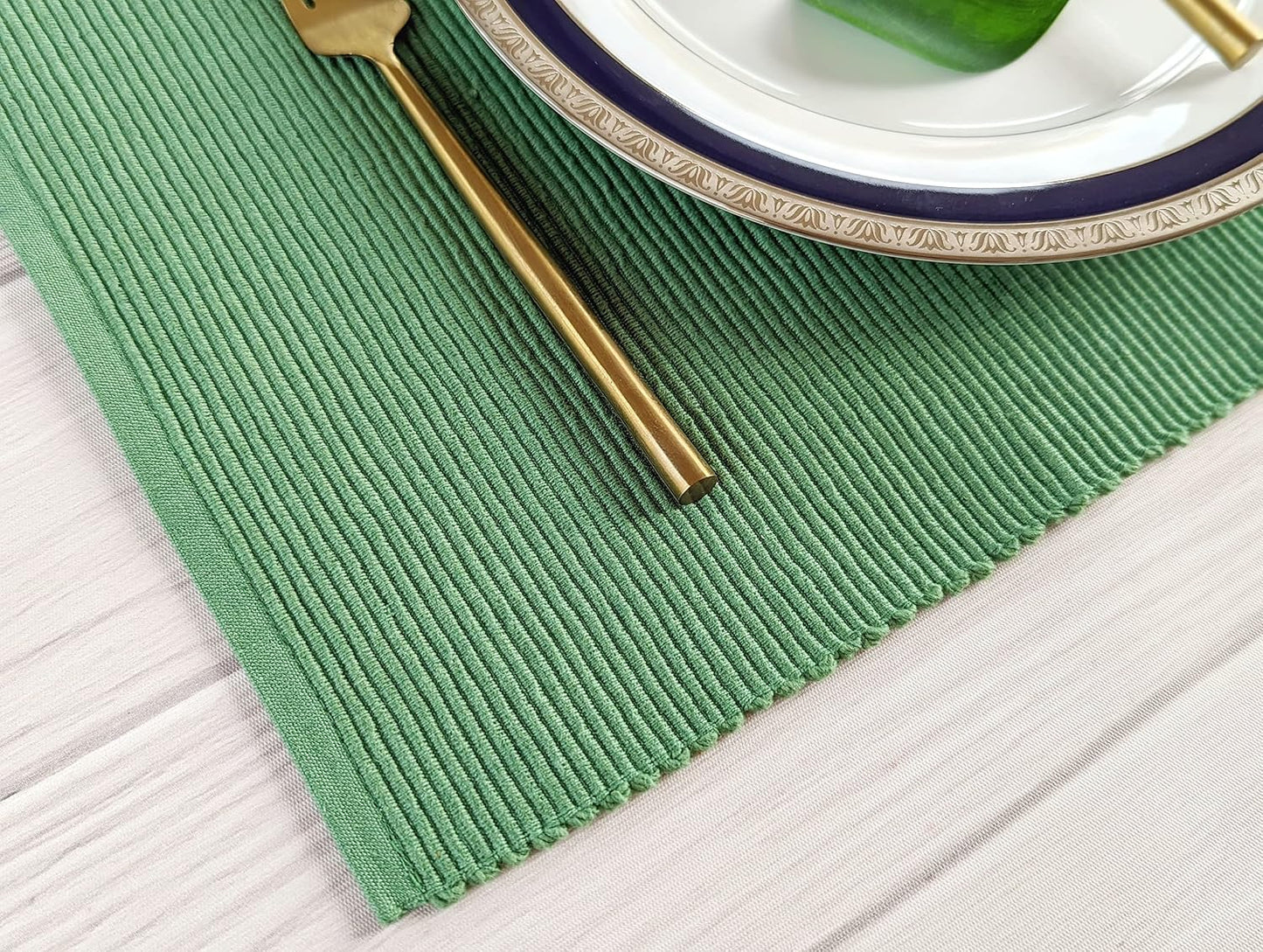 100% Cotton Ribbed Placemats - Set of 8-13 x 19 Inches - Green - Everyday/Christmas Cloth Table Mats - Thick