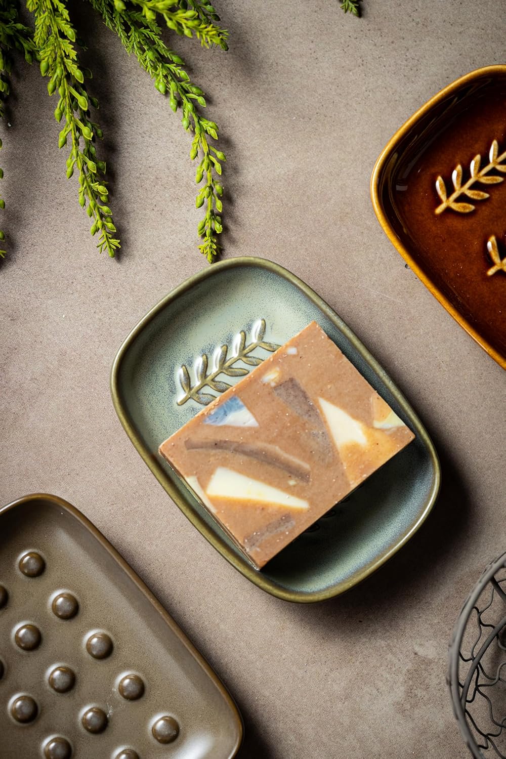 Ceramic Soap Dish Bar Soap Holder for Shower / Dark Green / Leaf Design