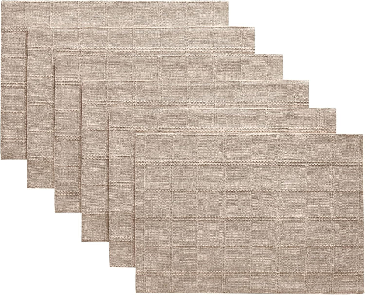 Linen Checked Farmhouse Placemats Set of 6, Taupe 13x19in | Double Layer, Reversible, Thick Textured Table Mats, Raised