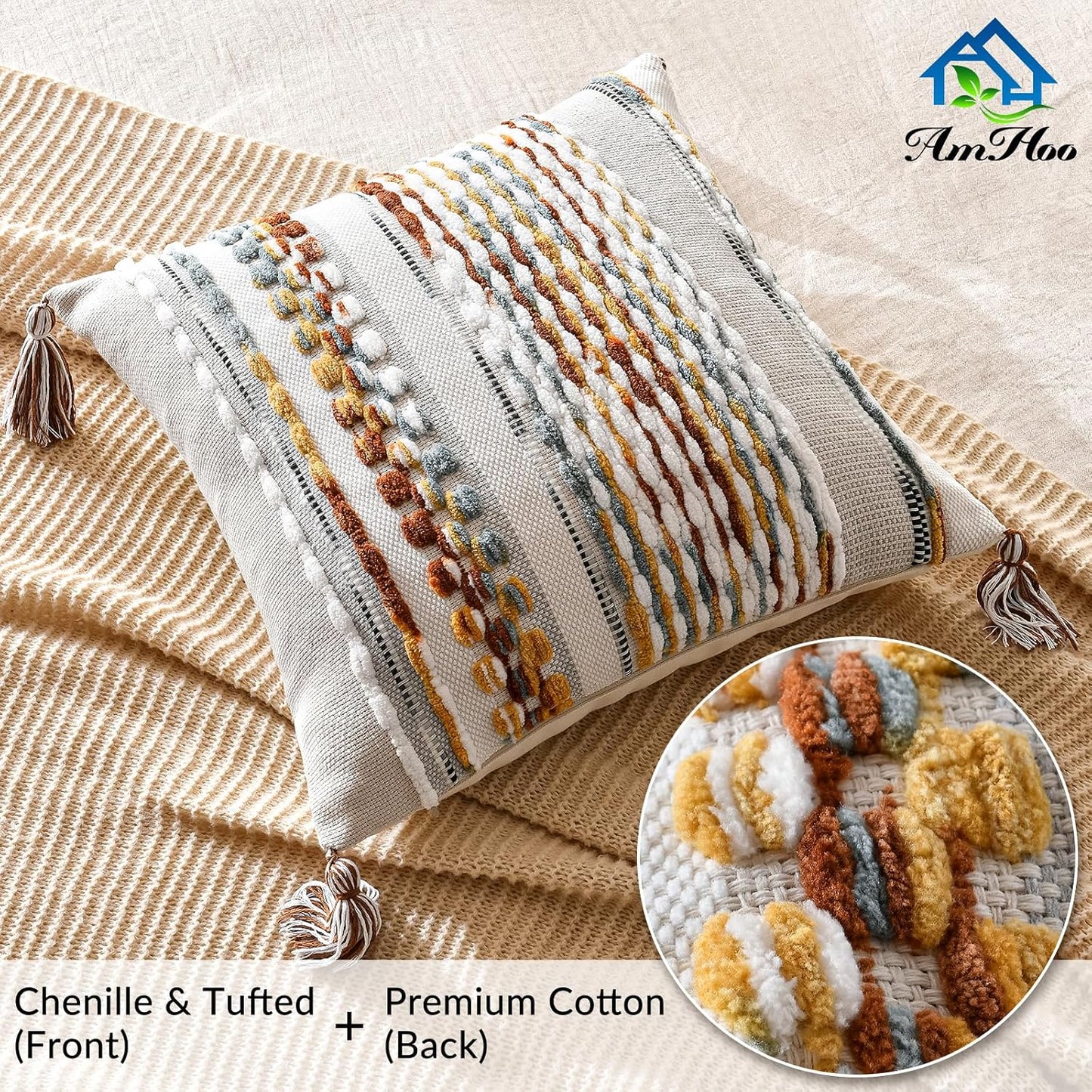 Tassels Woven Decorative Pillow Case / 18 x 18 / Brown