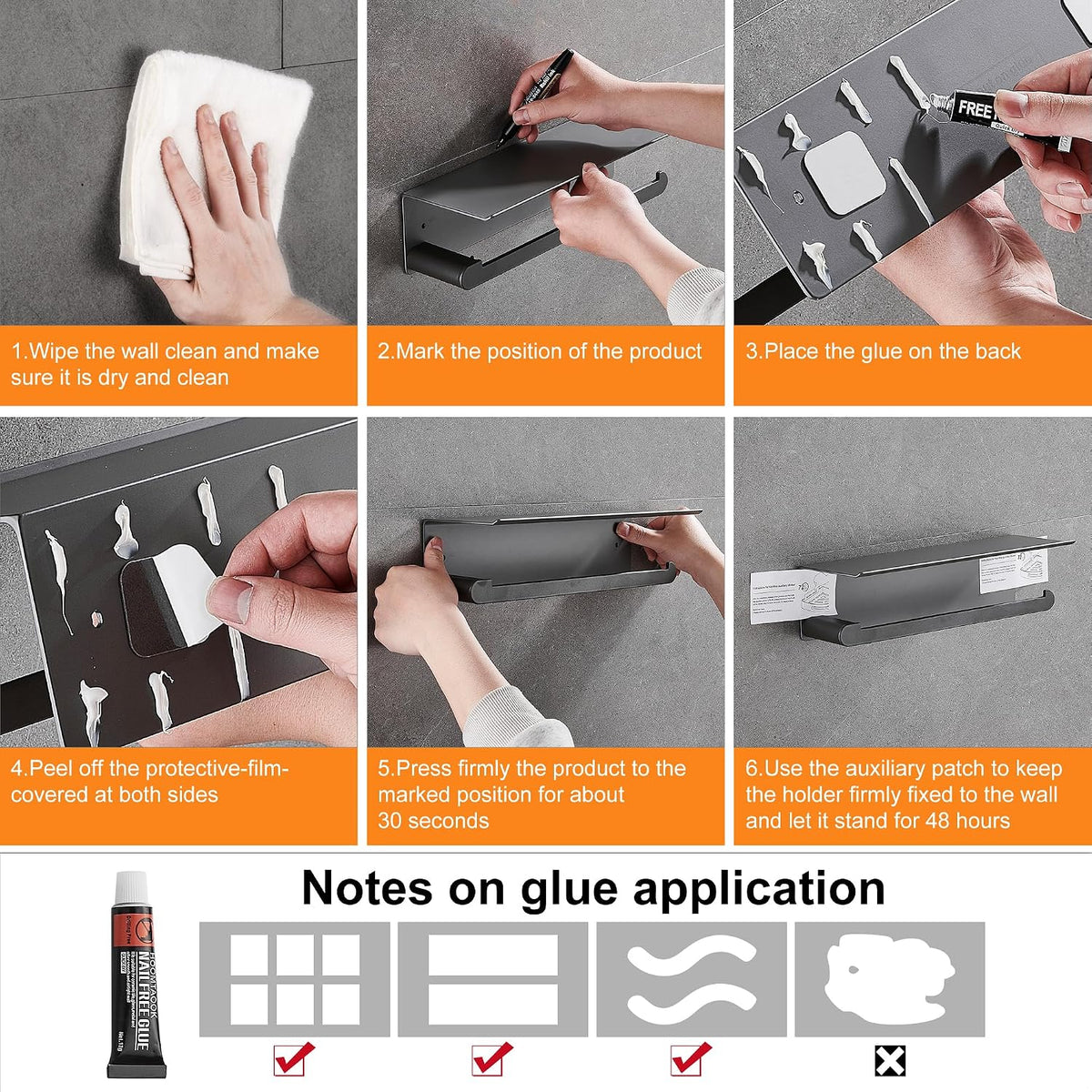 Wall Mount Paper Towel Holder with Shelf, Adhesive Towel Rack Matte Grey | Paper Towel Holder Wall Mount for Bathroom
