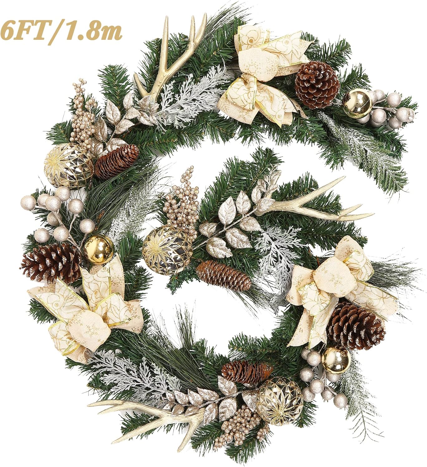 Christmas Garland with Lights, Champagne Gold 6FT 20LED Pre-Lit Christmas Garland with Ball Ornaments, Ribbons, Pine