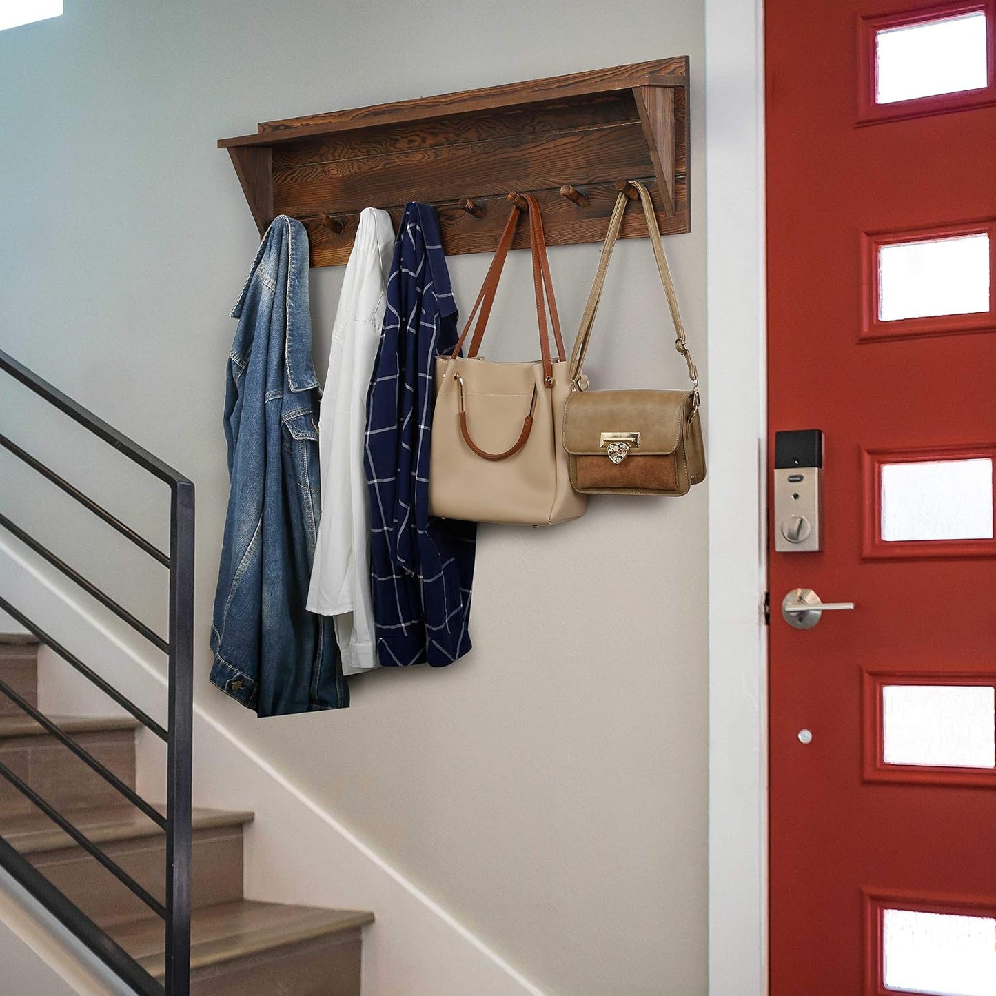 WEBI Coat Rack Wall Mount with Shelf,8 Peg Hooks,34" Long Rustic Entryway Wall Shelf with Hooks Underneath for Hanging