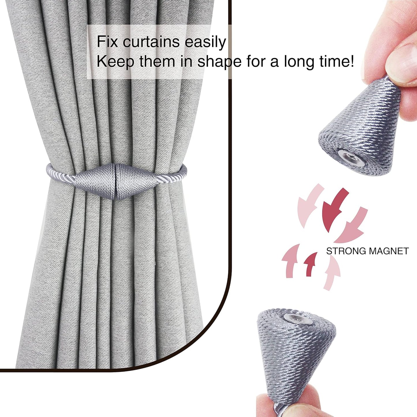 Magnetic Curtain Tiebacks Rope Decorative Holdbacks for Drapes Nieffeiy | 6 Pack Grey Modern Handmade Curtain Tie Backs