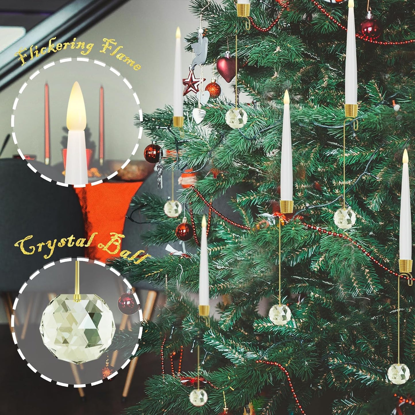 JOIONE Christmas Tree Candles, 12 Pack Crystal Ball Tree Hanging Decor | Battery Operated, Remote Control, Crystal Ball