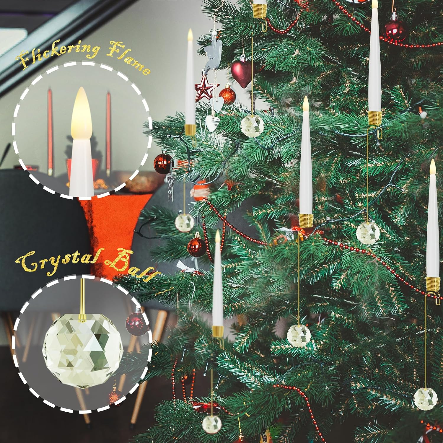 JOIONE Christmas Tree Candles, 12 Pack Crystal Ball Tree Hanging Decor | Battery Operated, Remote Control, Crystal Ball