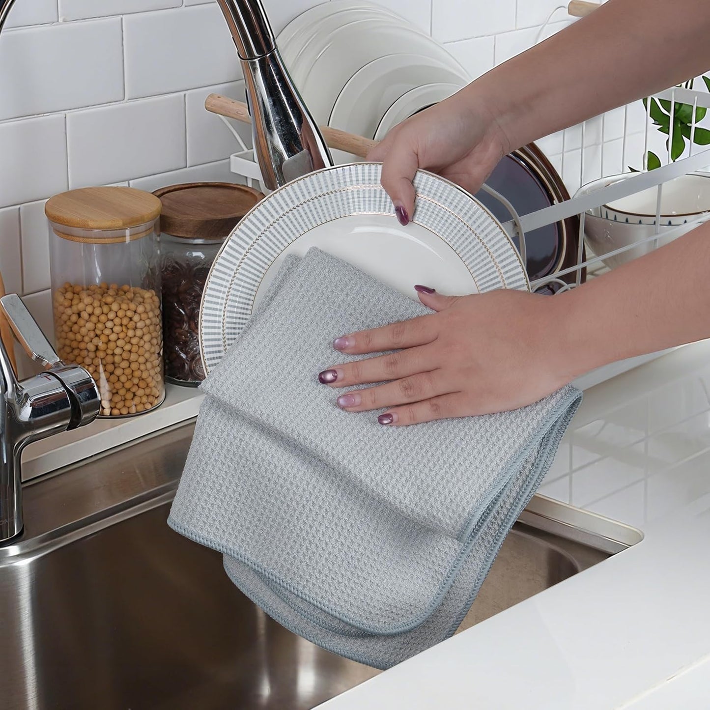 POLYTE 340 GSM Microfiber Waffle Kitchen Dish Tea Towel, 16x28 in, 12 Pack | Lint Free, Quick Dry