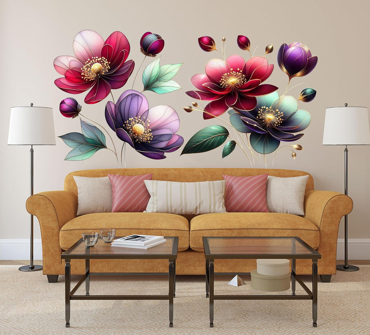 Boho Flower Wall Stickers Wildflower Floral Grass Peel and Stick Wall Stickers Living Room / Red