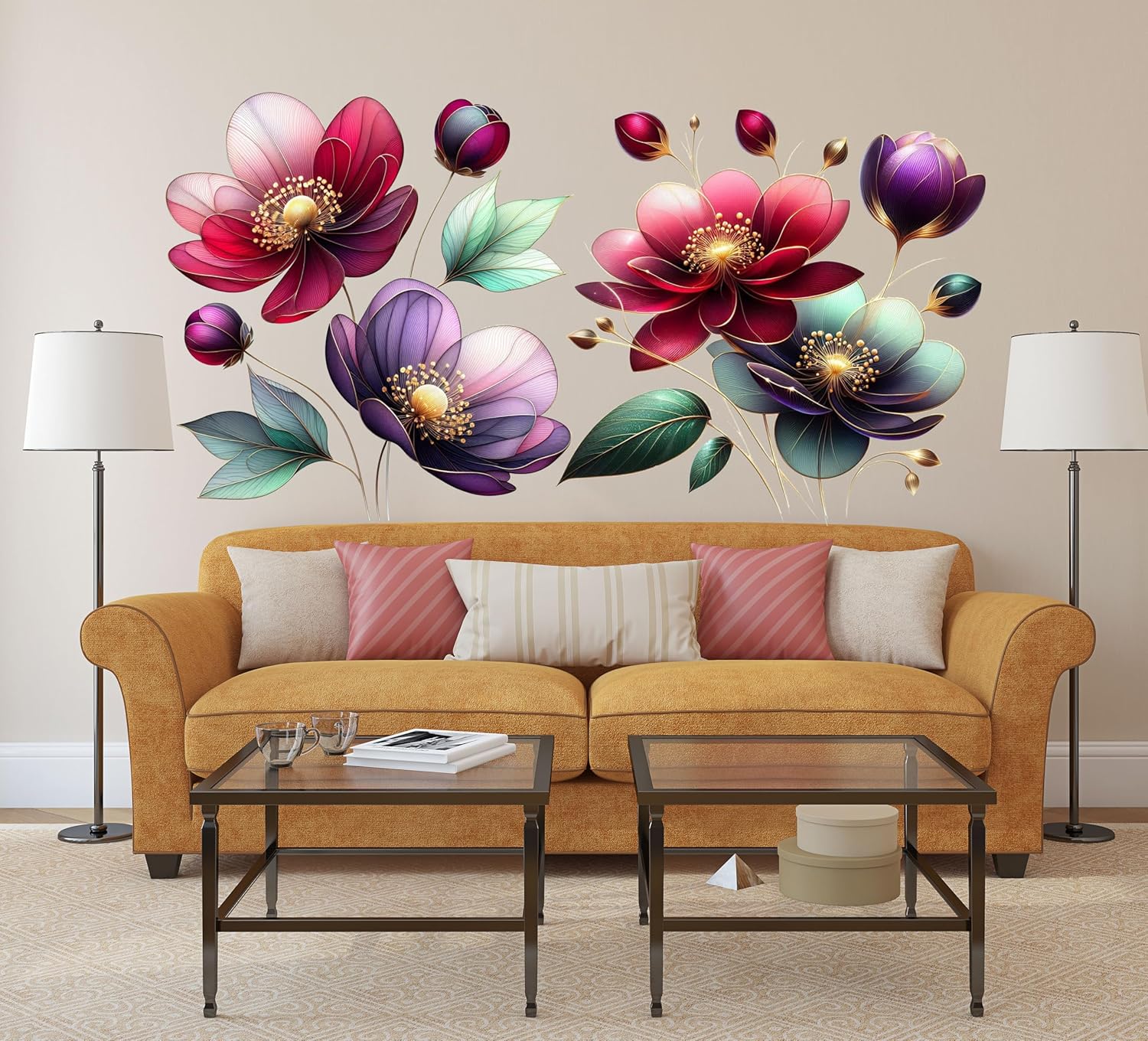 Boho Flower Wall Stickers Wildflower Floral Grass Peel and Stick Wall Stickers Living Room / Red