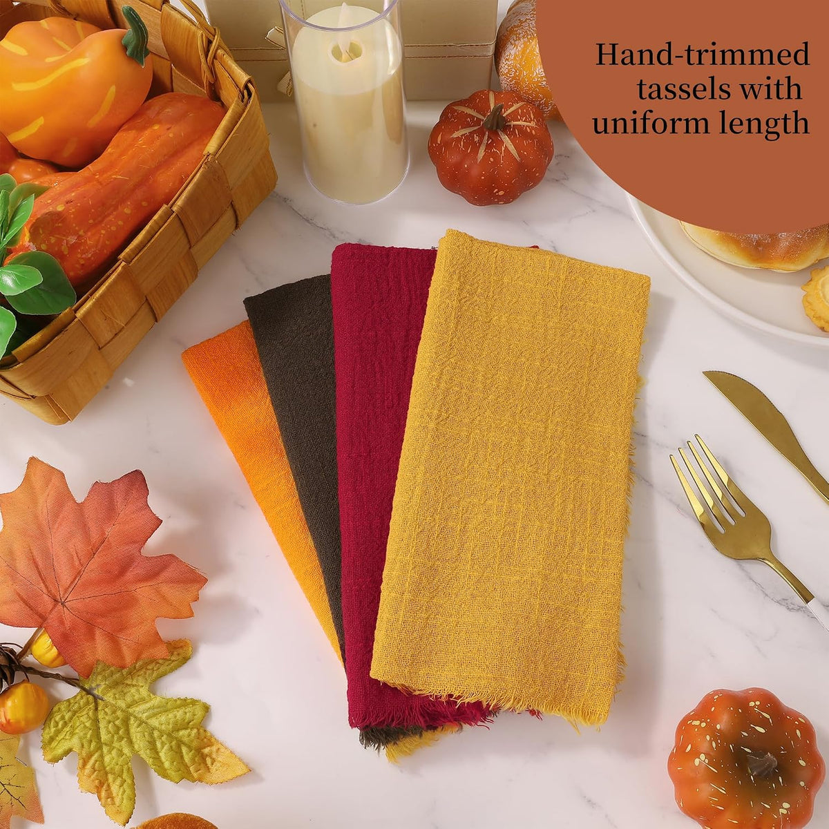 TURSTIN 24 Pieces Thanksgiving Cotton Linen Cloth Napkin Handmade Cloth | Fall Napkin with Fringe 17 x 17 Inch Soft