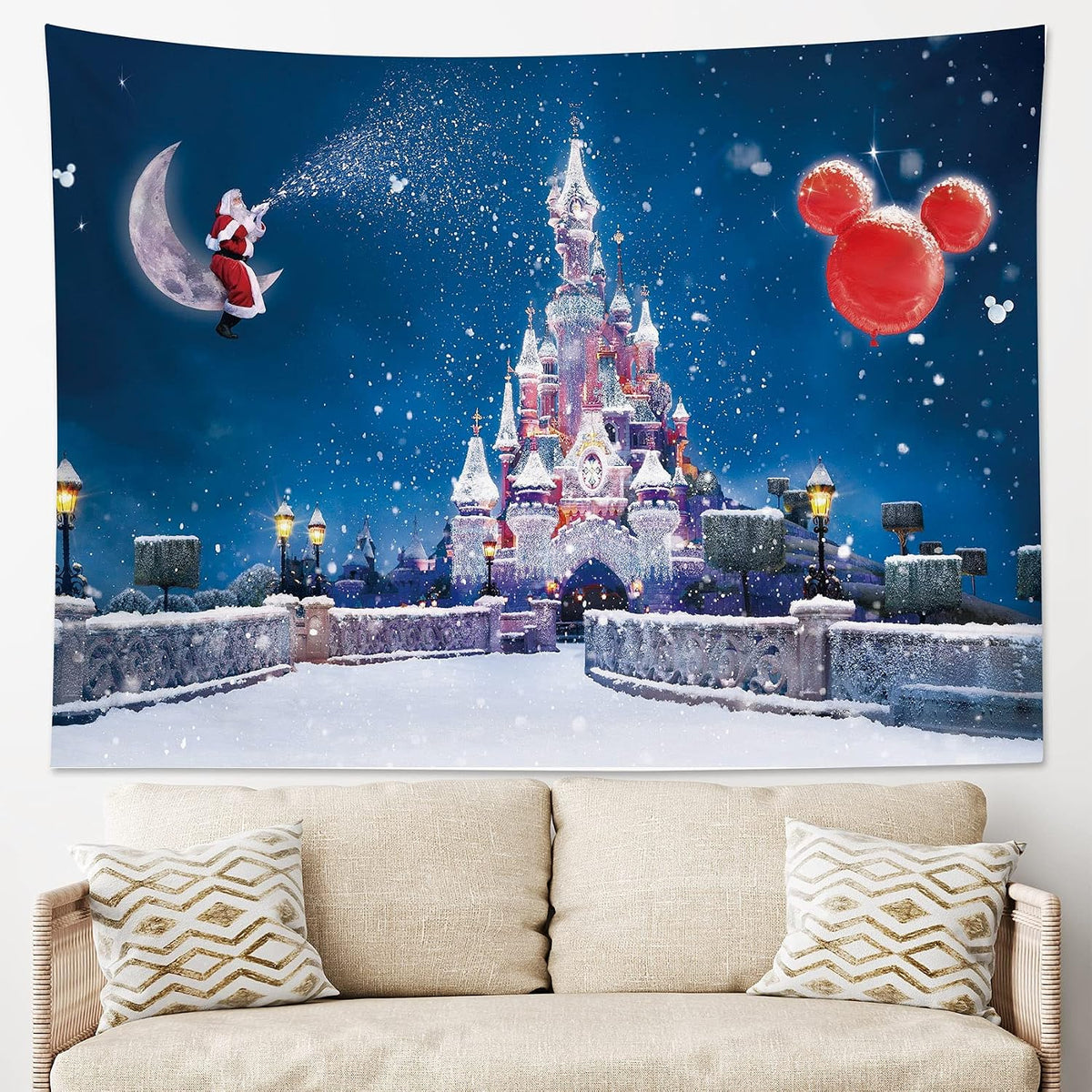 HVEST Castle Tapestry Santa Claus on Moon with Snowflake Wall Hanging Winter Scenery Tapestries for Bedroom,Living Room,Dorm Party Wall Decor,59Wx51H inches