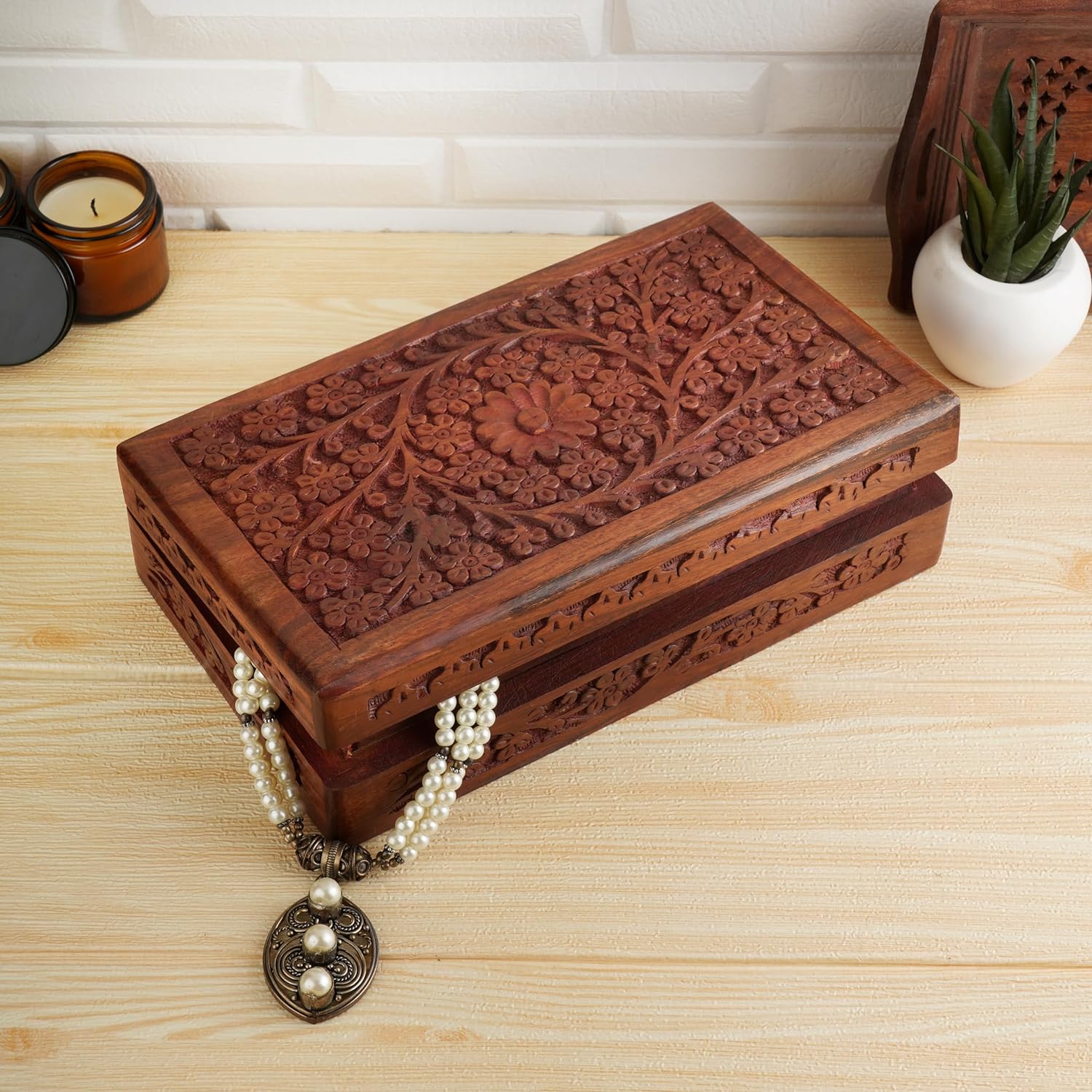 Wooden Handcarved Decorative Jewelry Storage Box Flower Design Multipurpose Treasure Chest / 8 x 5