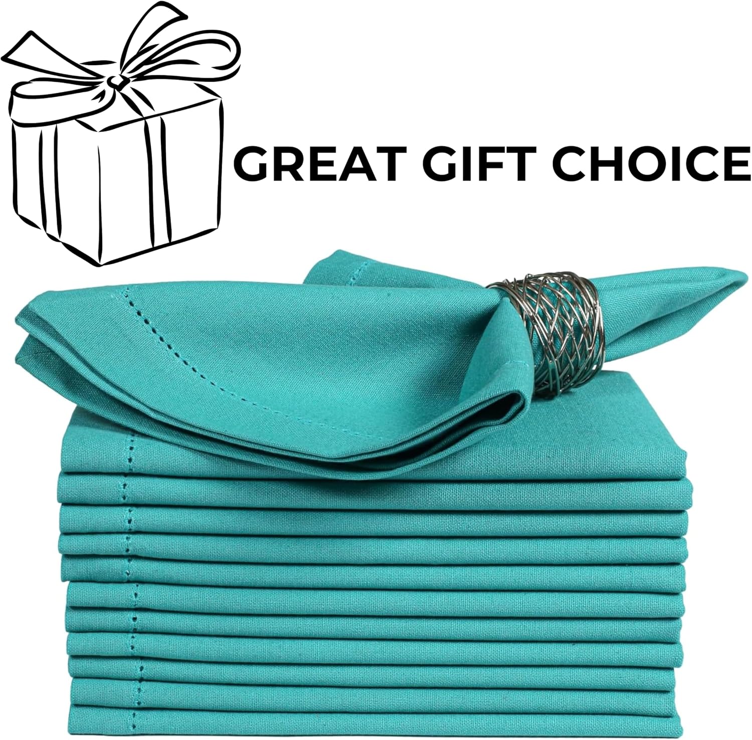 Bedding Craft Cotton Cloth Dinner Napkins Set of 12 – 18x18 Latigo Bay Teal with Hemstitched Mitered Corners – Machine