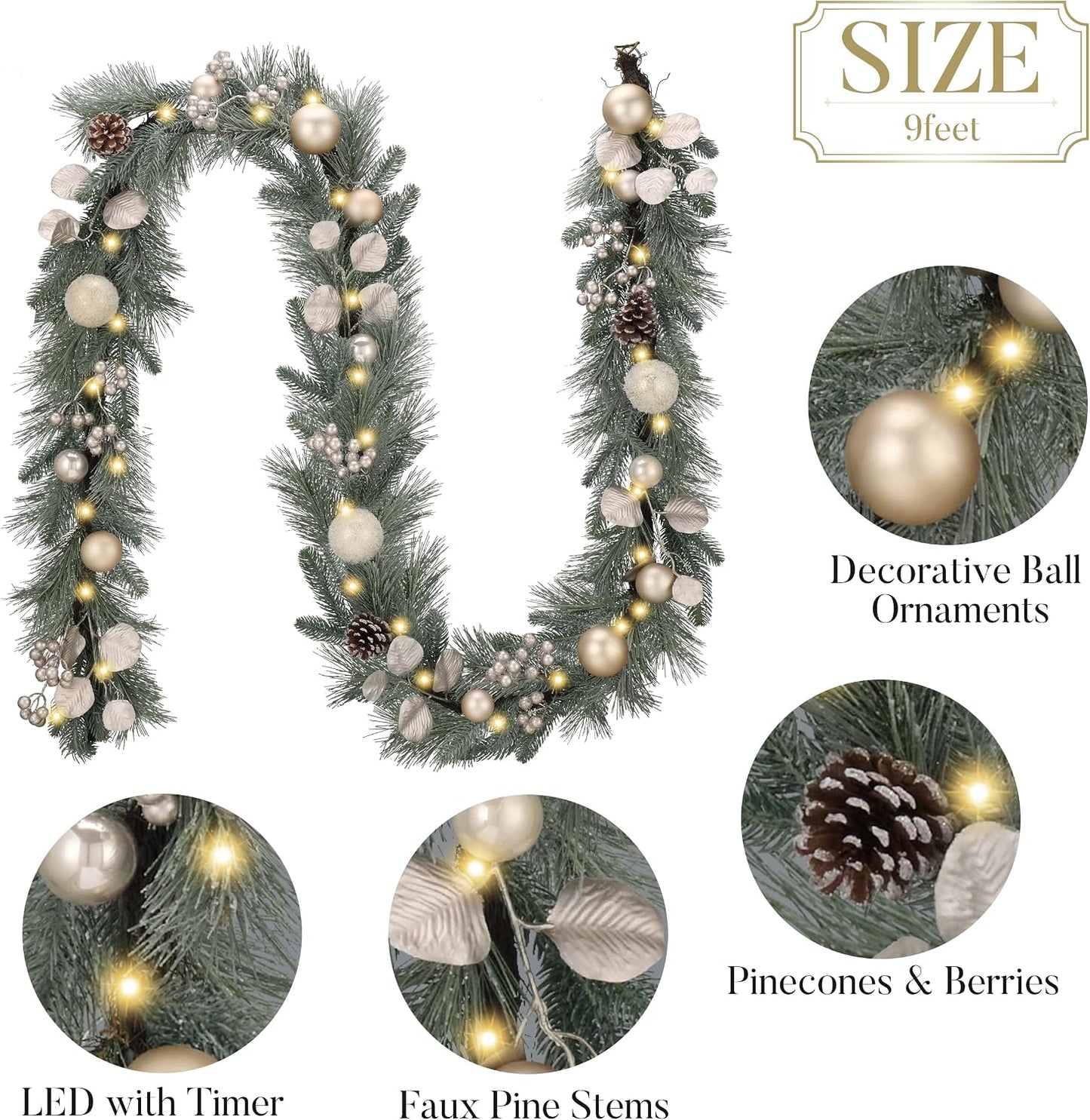 Valery Madelyn 9 Ft Pre-Lit Christmas Garland with Lights for Mantle, Lighted Outdoor Xmas Garland with Silvery White