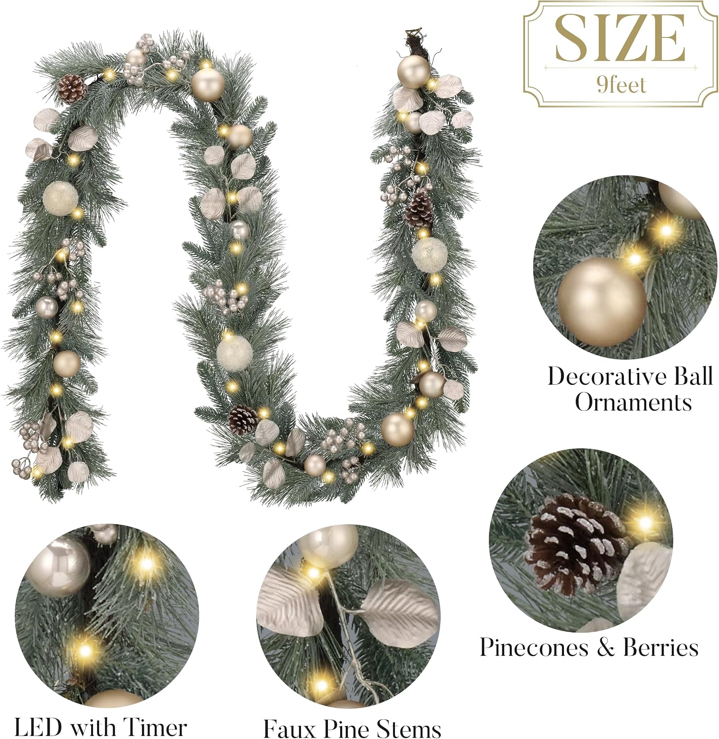 Valery Madelyn 9 Ft Pre-Lit Christmas Garland with Lights for Mantle, Lighted Outdoor Xmas Garland with Silvery White