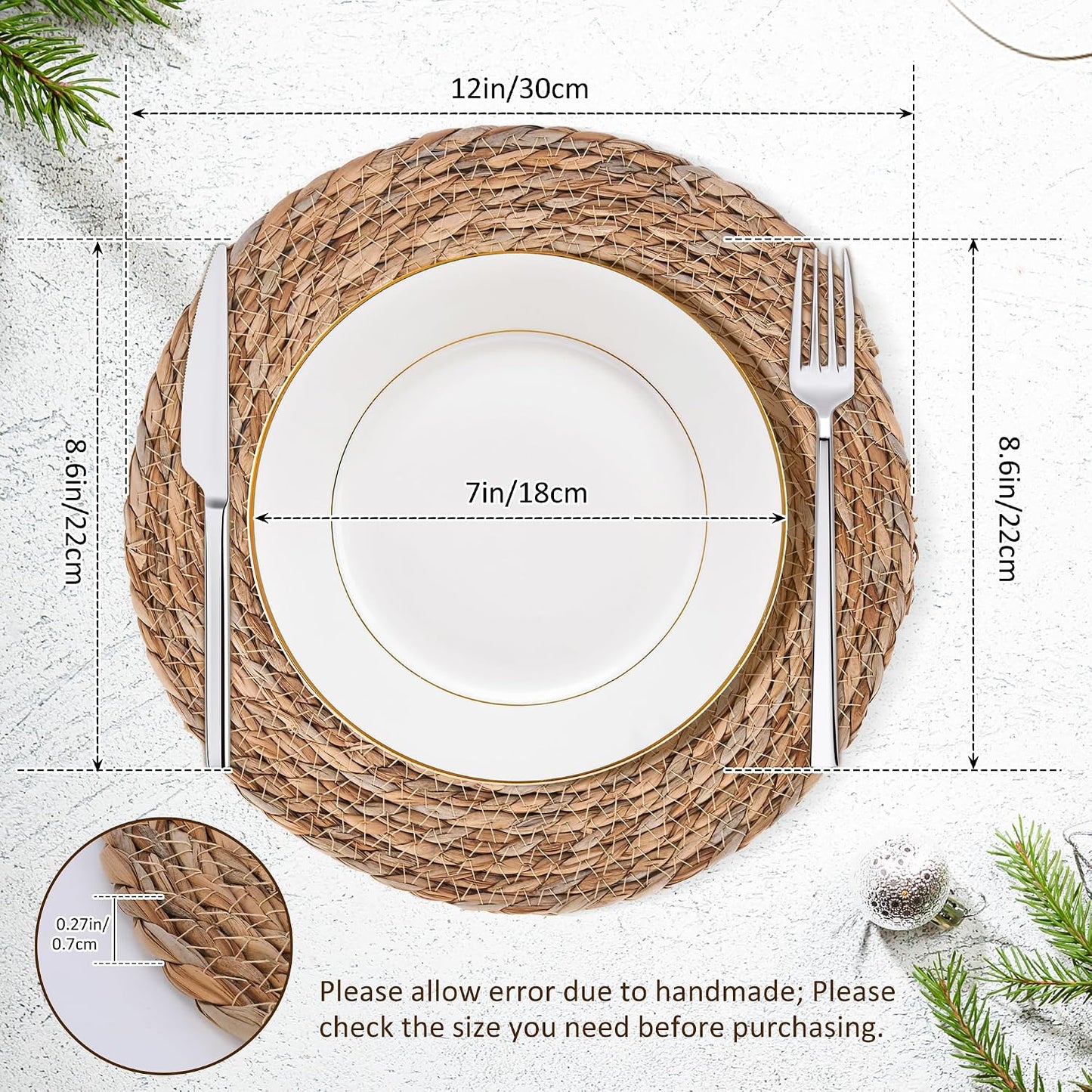 Defined Deco Woven Placemats Set of 10,12" Round Rattan Placemats,Natural Hand-Woven Water Hyacinth Placemats,Farmhouse