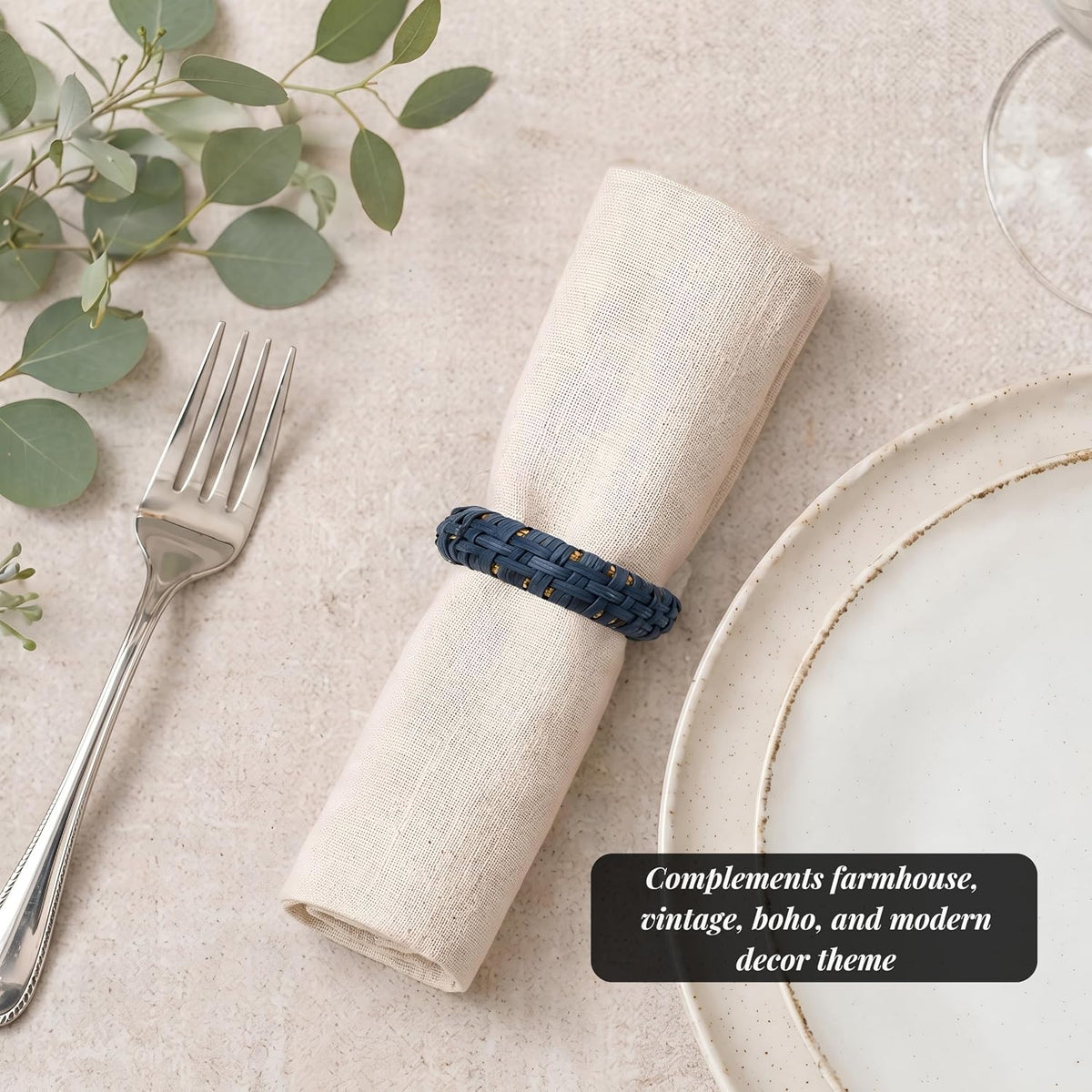 Cane Woven Napkin Rings, Navy Blue, 12-Pack | Natural cane, durable plastic core, 2.25x2.25x0.5 in, bohemian coastal