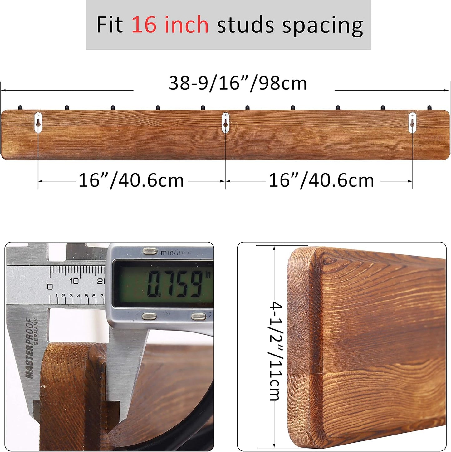 WEBI Coat Rack Wall Mount,10 Hooks,38 9/16" Long Coat Hooks Wall Mounted Rustic,16" Hole to Hole,Wood Coat Hanger