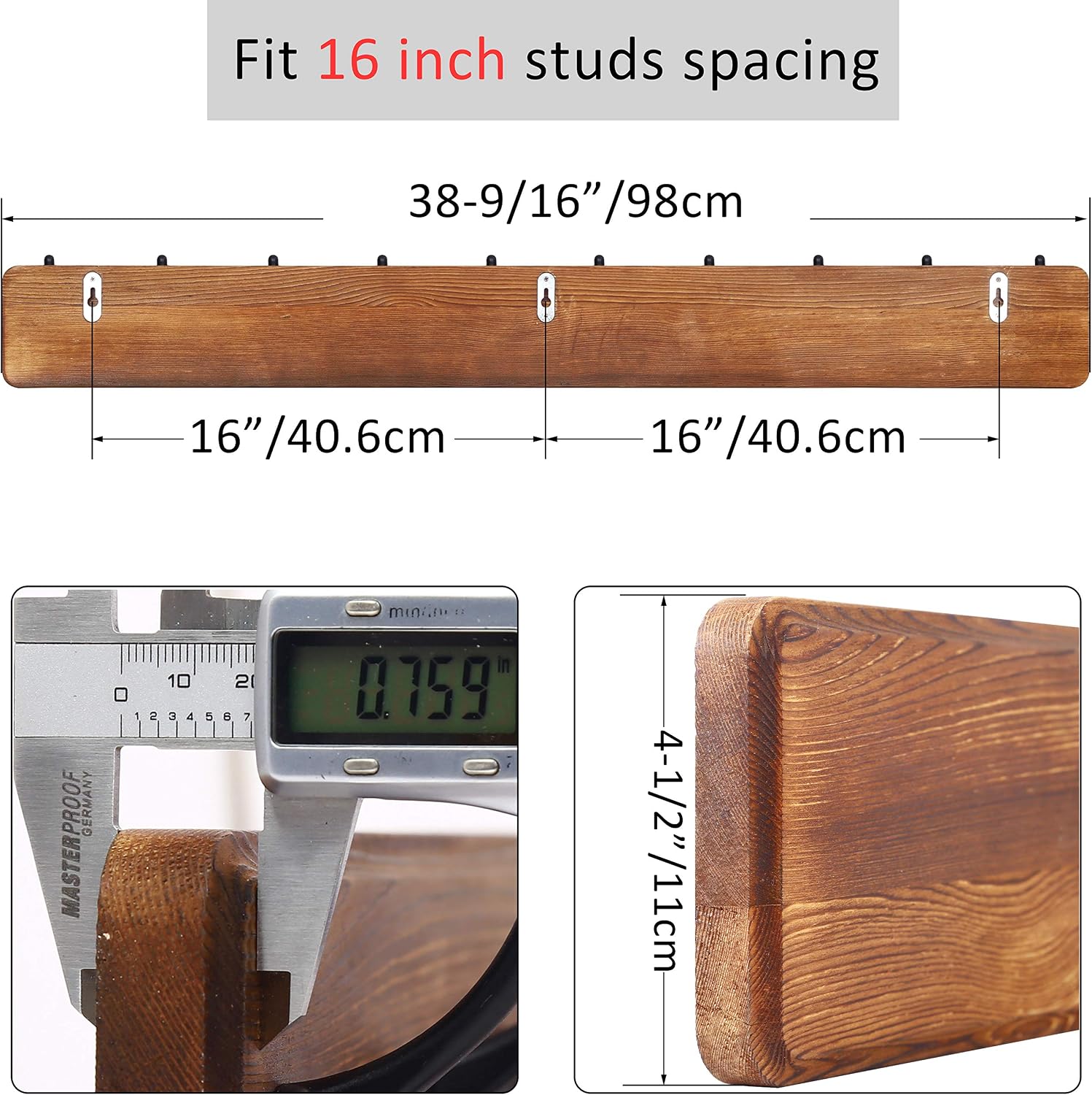 WEBI Coat Rack Wall Mount,10 Hooks,38 9/16" Long Coat Hooks Wall Mounted Rustic,16" Hole to Hole,Wood Coat Hanger