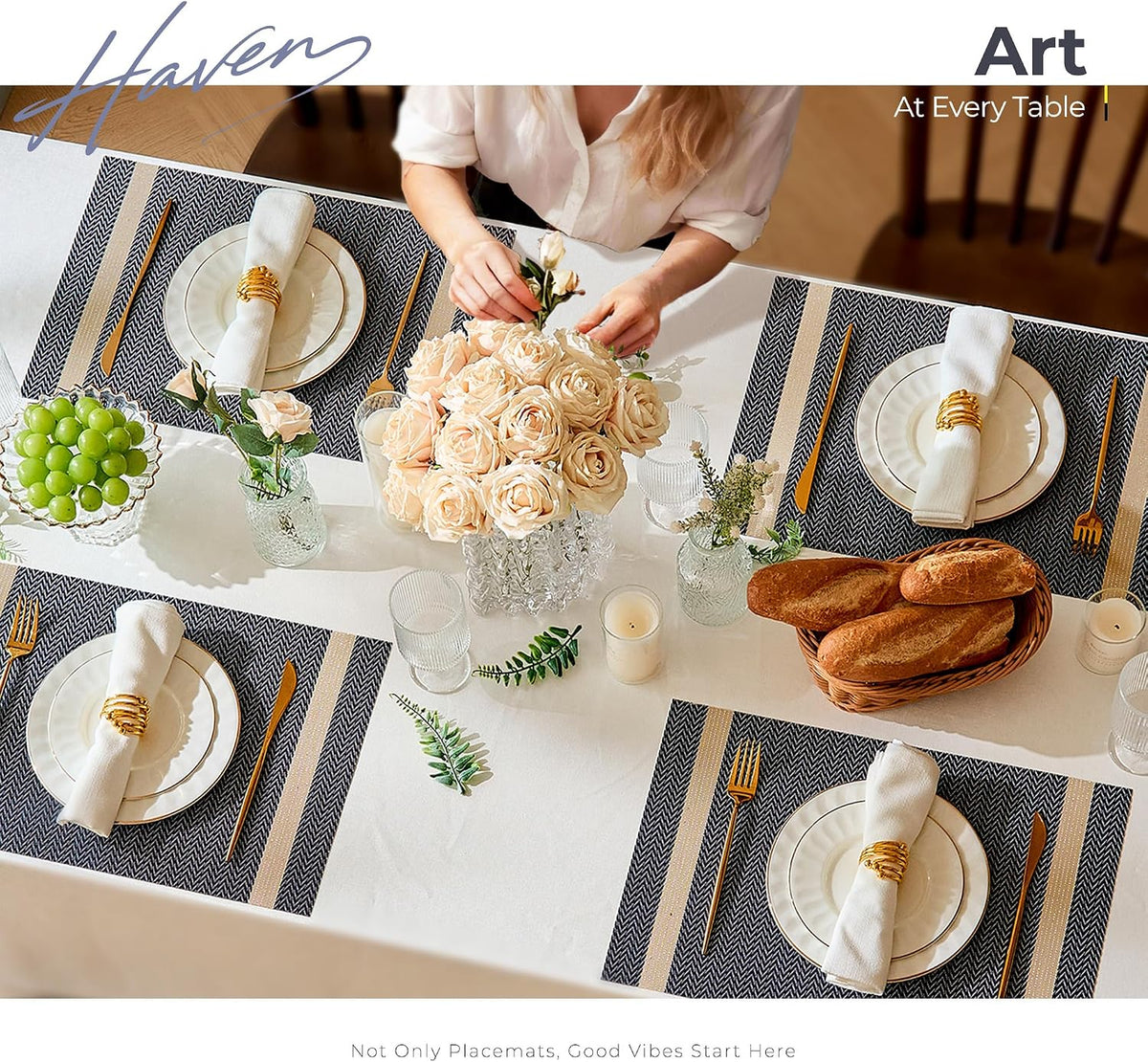 Leetaltree Woven Vinyl Placemats Set of 12,Blue Striped | High Density，Stain Resistant, Easy to Clean, Washable Table
