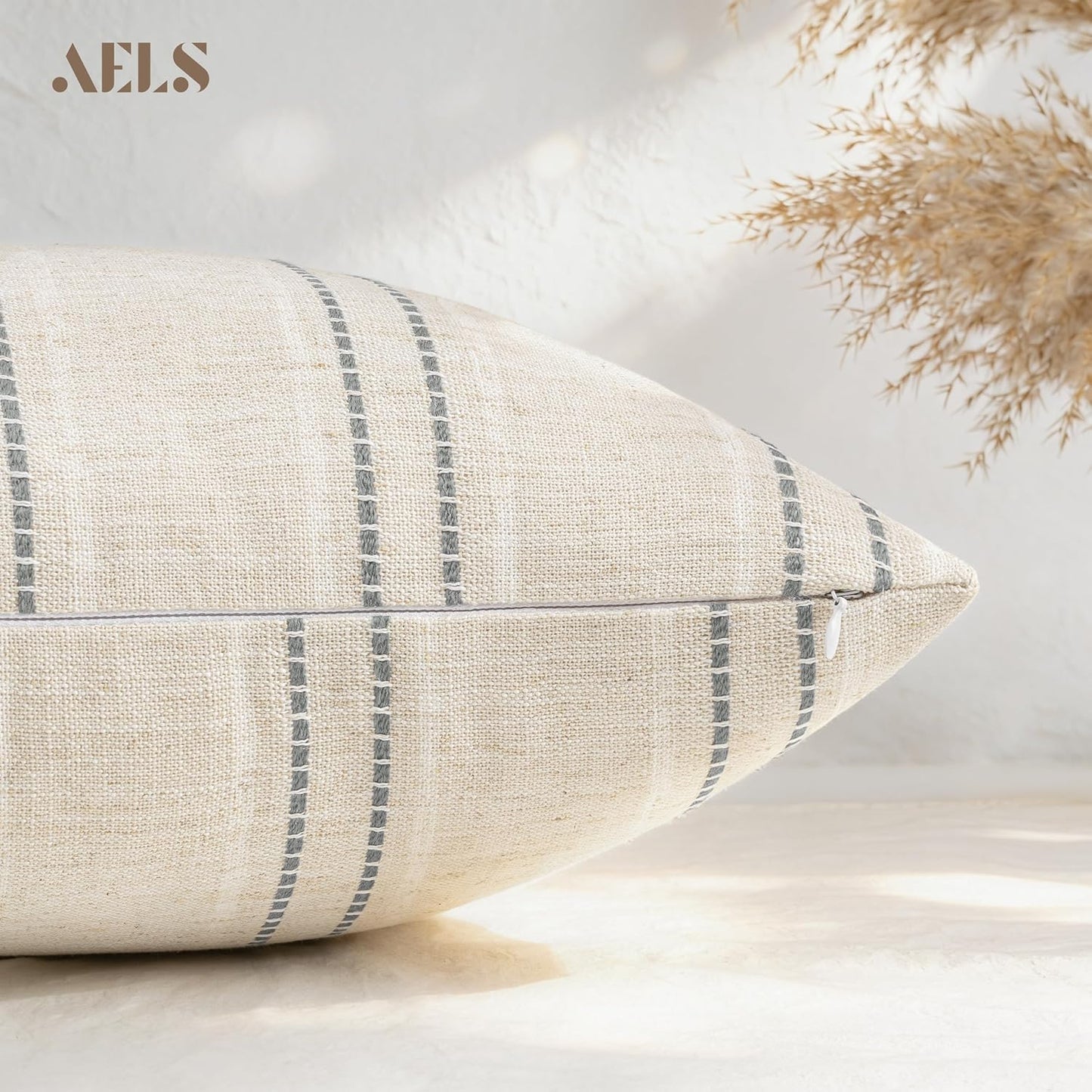 Boho Textured Pillow Case / Beige with White & Gray / 18 x 18 / Set of 2