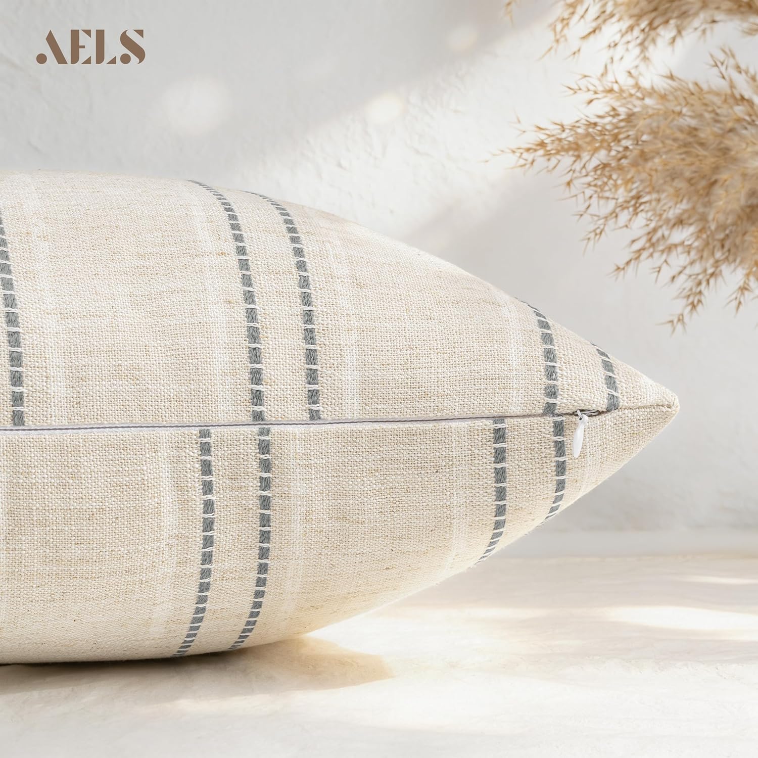 Boho Textured Pillow Case / Beige with White & Gray / 18 x 18 / Set of 2