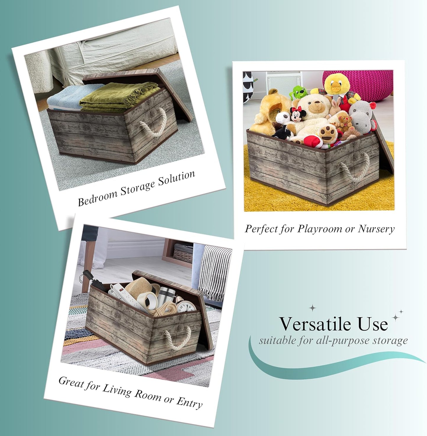 Sorbus Storage Box Set with Lid, Carry Handles, Foldable Frame, Rustic Wood Grain Print Bins, Great for Toys