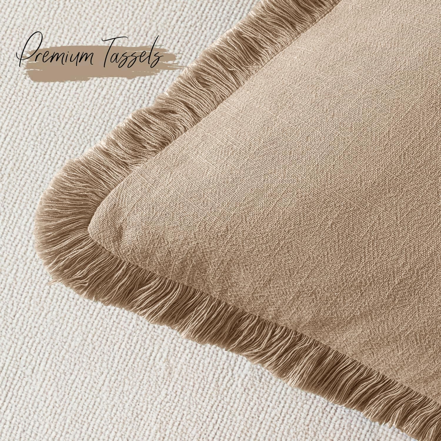 Decorative Linen Fringe Throw Pillow Covers Boho Accent Farmhouse / 20 x 20 / Camel / Set of 2